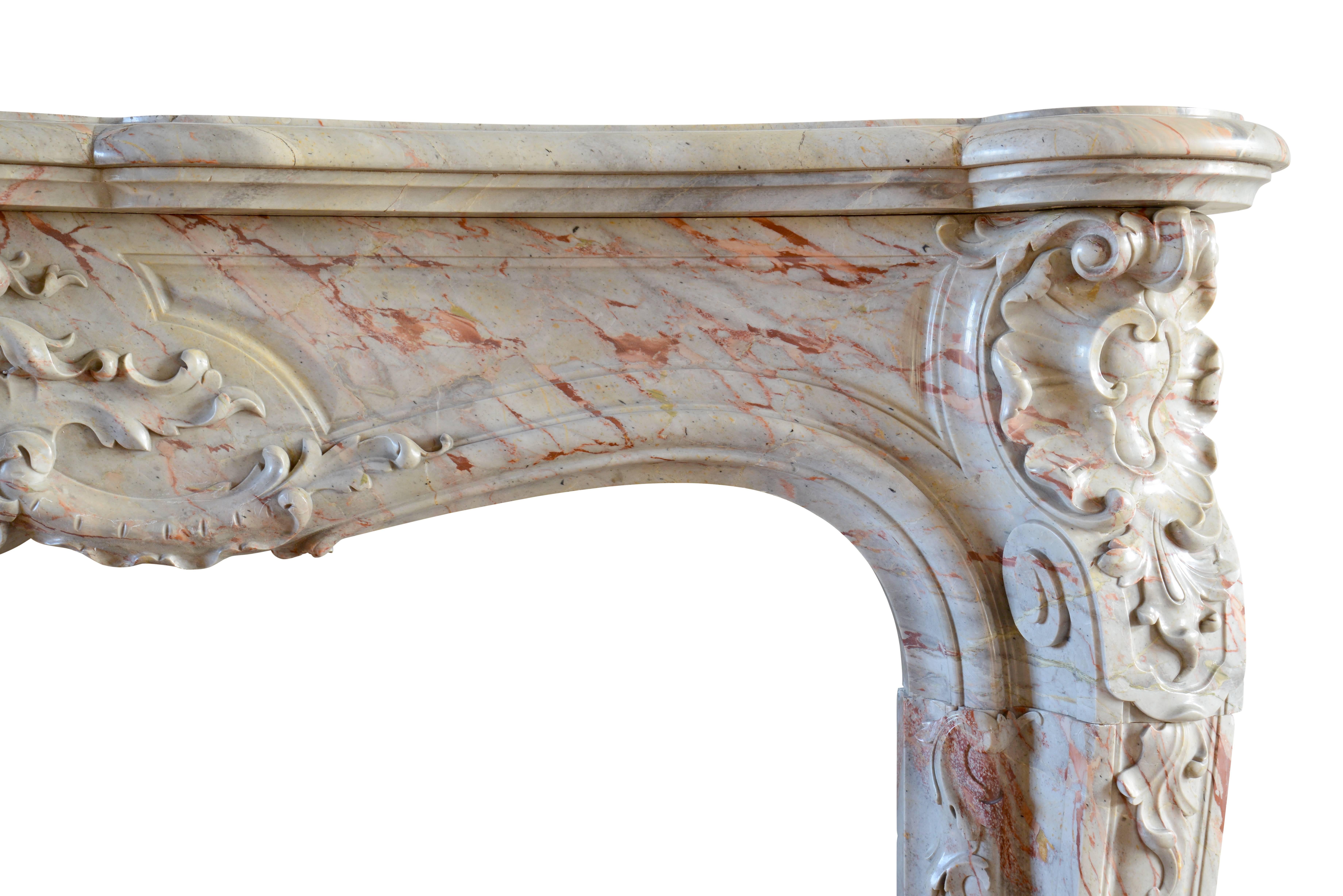 Carved Sarrancolin Marble Louis 15 Fireplace, 19th Century For Sale