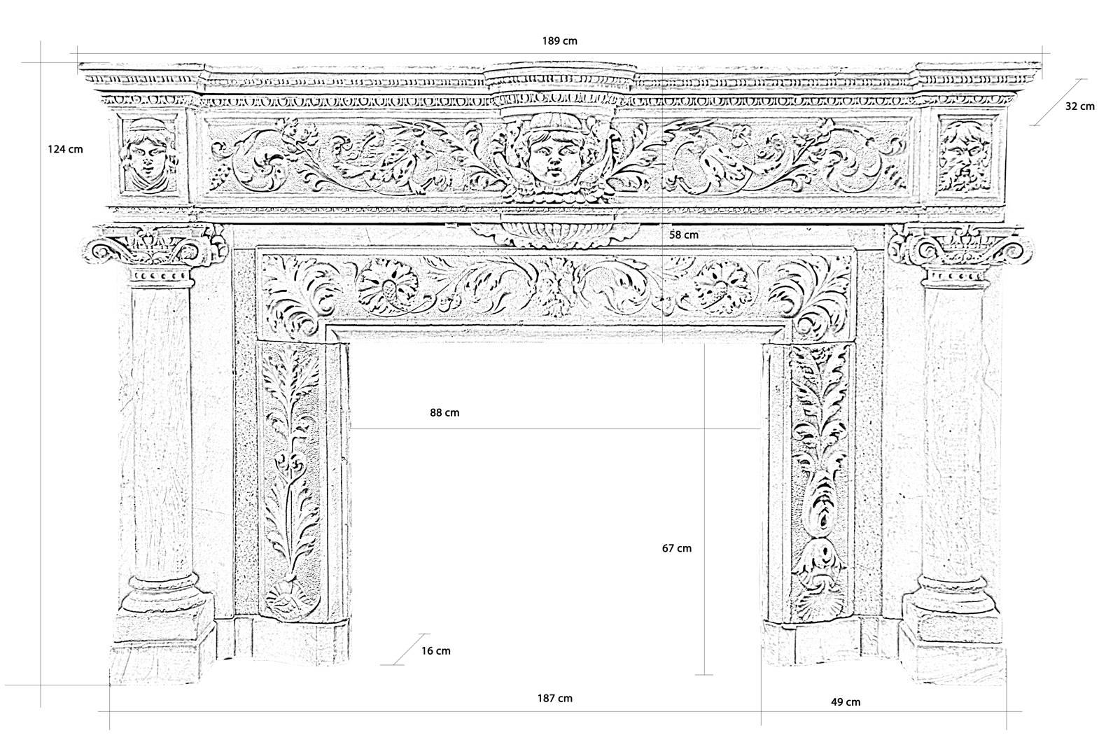 Dated from the 19th century, circa 1890, rare Renaissance style stone and hard stone inlay fireplace. The lintel delicately carved of a frieze of egg pattern and foliage is adorned at the center of a putto in step. Columns with ionic capitals and