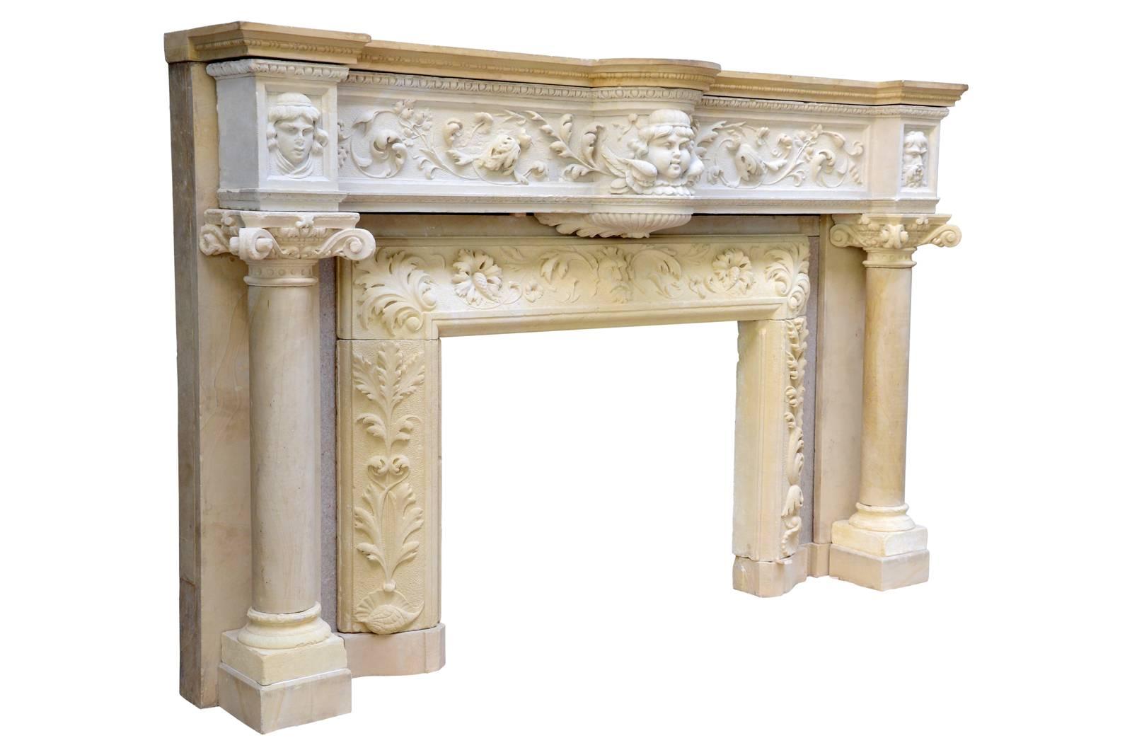 French Rare Renaissance Style Stone Fireplace, 19th Century For Sale