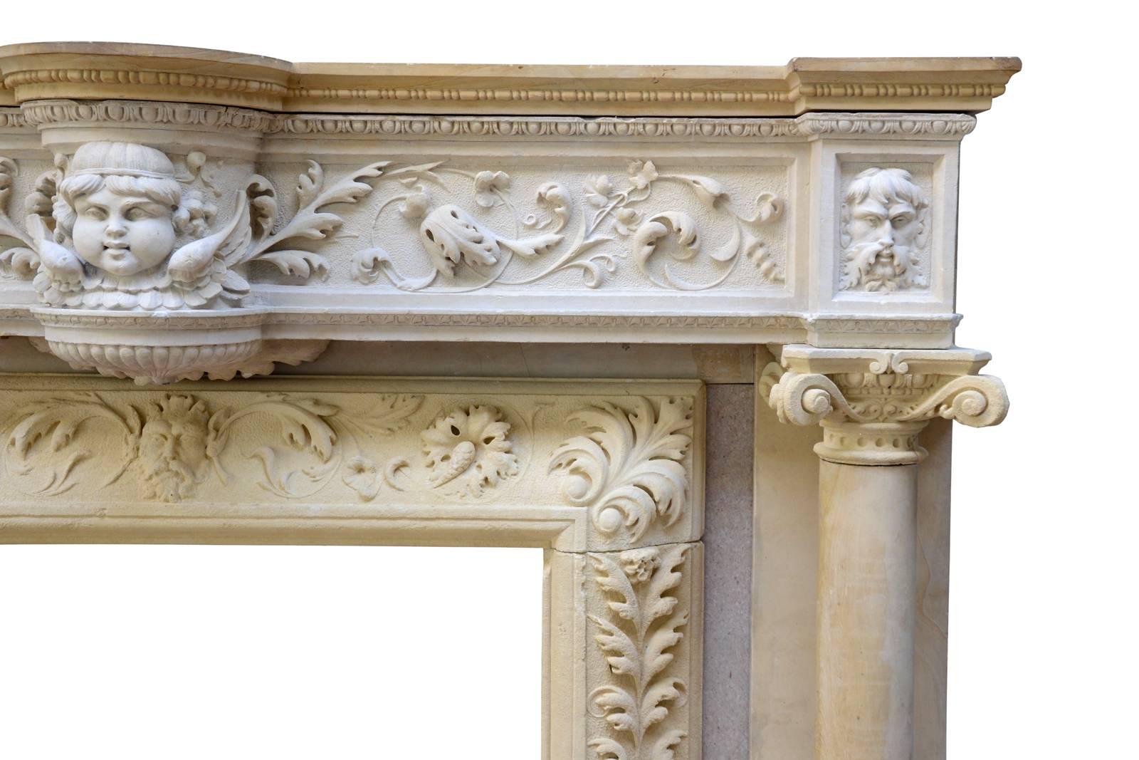 Carved Rare Renaissance Style Stone Fireplace, 19th Century For Sale
