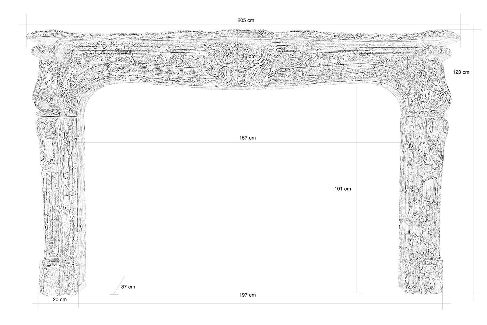 Dated from the 18th century, Louis XV period Belgium Rance marble fireplace. The lintel presents the decoration of frames on either side of a large median shell flanked by small foliages. The console jambs provided with windings are fluted and the