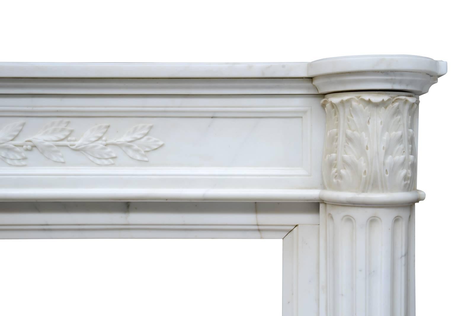 French Louis XVI Style White Semi-Statuary Marble Fireplace For Sale