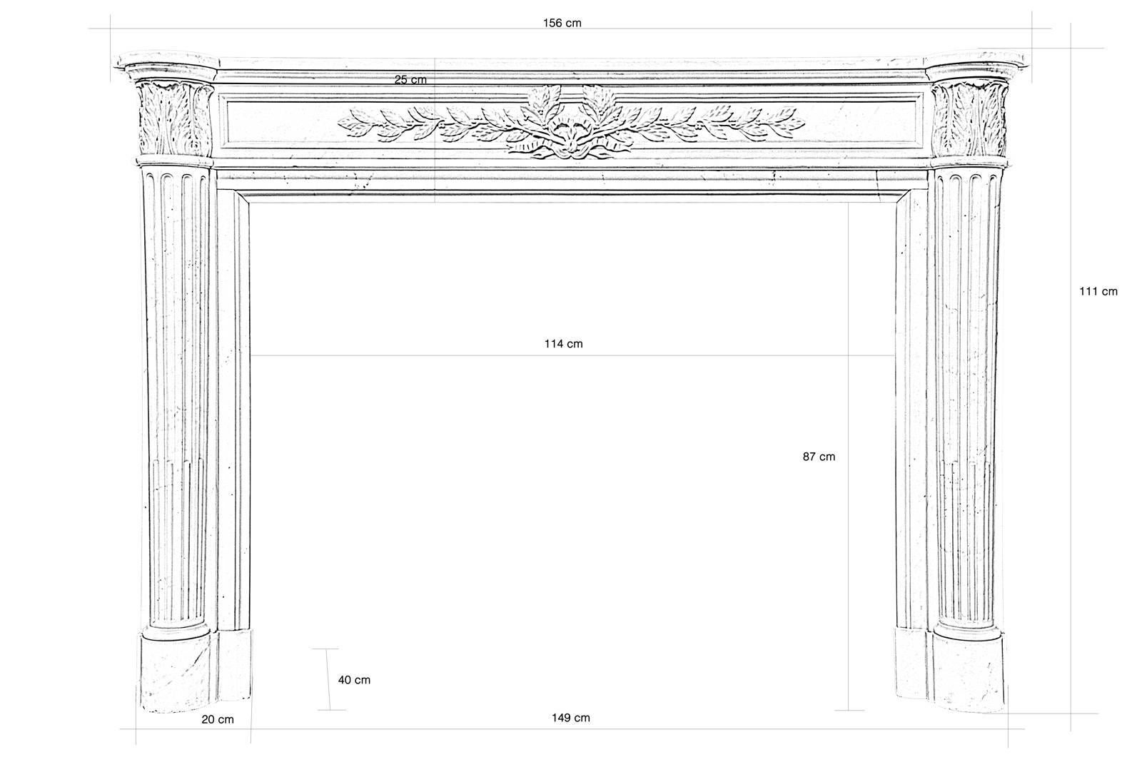 Dated from the 19th century, Louis XVI style white semi statuary marble fireplace. On the lintel feature a finely carved crown of laurels connected by a beribboned node from which escape two other branches of laurels. The fluted jambs are