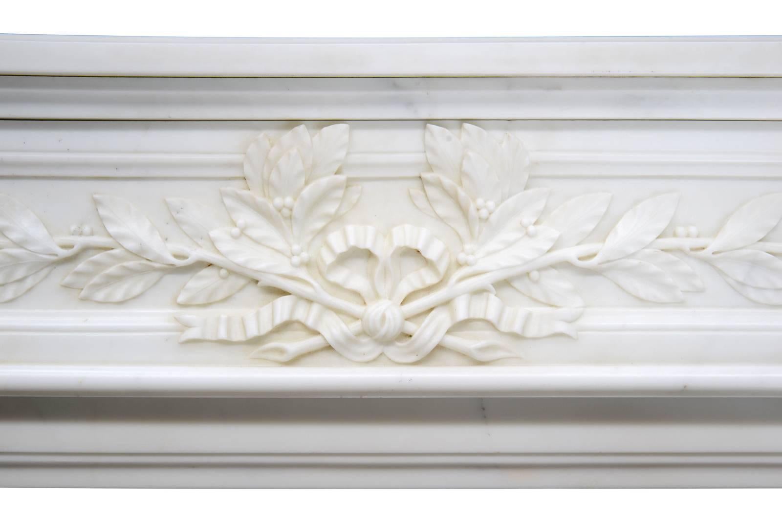 Carved Louis XVI Style White Semi-Statuary Marble Fireplace For Sale