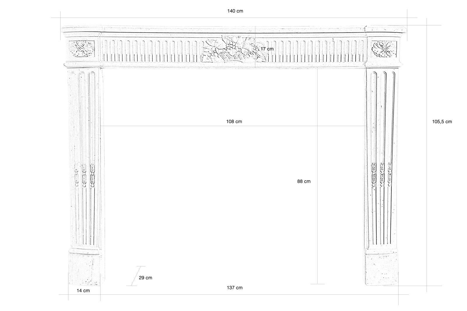 Dated from the 18th century, Louis XVI stone fireplace. The lintel is adorned with a median fruit basket flanked by canals. The jambs are surmounted by a decoration of rosette and the amounts are fluted and with patterns called asparagus tips.