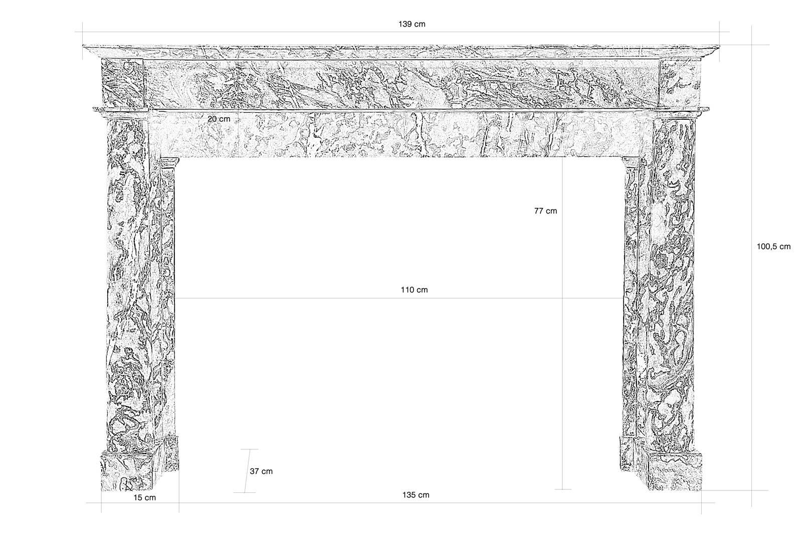 Dated from the 19th century, Empire Caunes grey marble fireplace. Two detached columns on the front support a straight lintel and a slightly molded tablet.