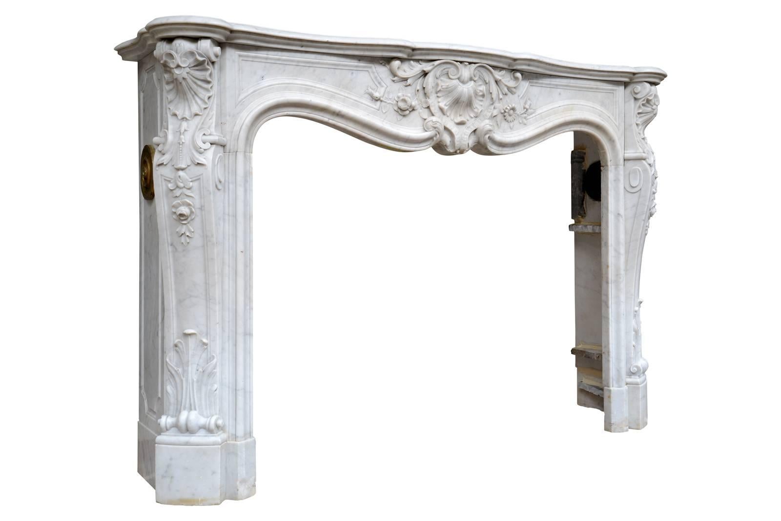 Carved French Louis XV Style Carrara Marble Fireplace, 19th Century