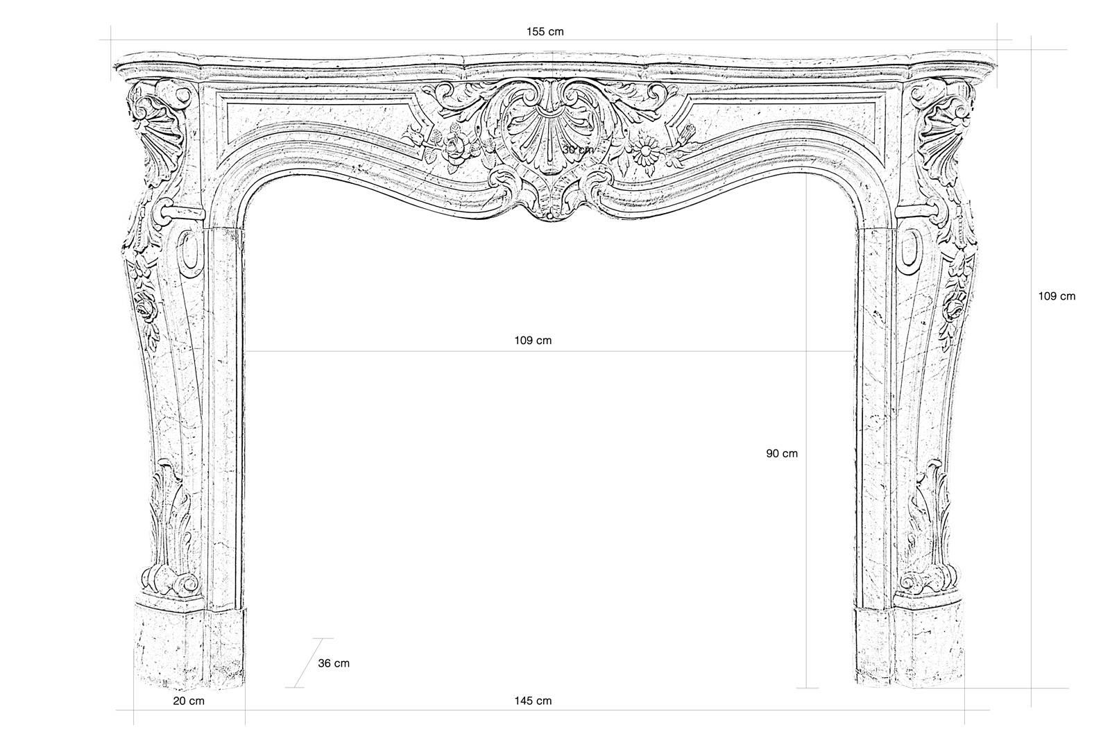 Dated from the 19th century, Louis XV style Carrara marble fireplace. The lintel is decorated with a shell flanked by foliages and flowers, pink and daisies, finely carved. The line of hearth is worked in curves and against curves. The console jambs
