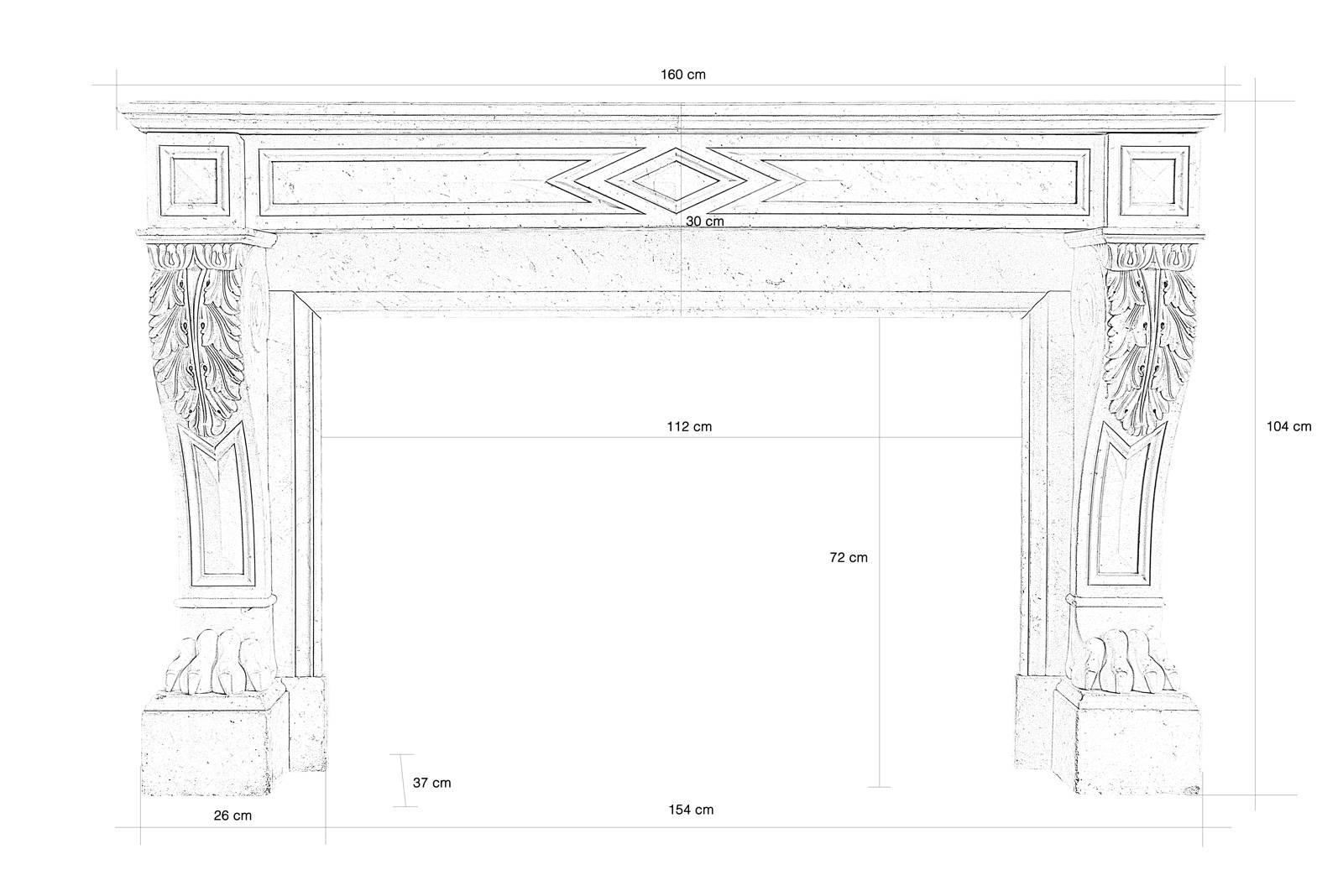 Dated from the 19th century, Louis Philippe white Carrara marble fireplace. The consoles jambs are adorned with acanthus leaves falling, windings and lions paws. The right lintel is decorated with median lozenges flanked by molded frames. The line