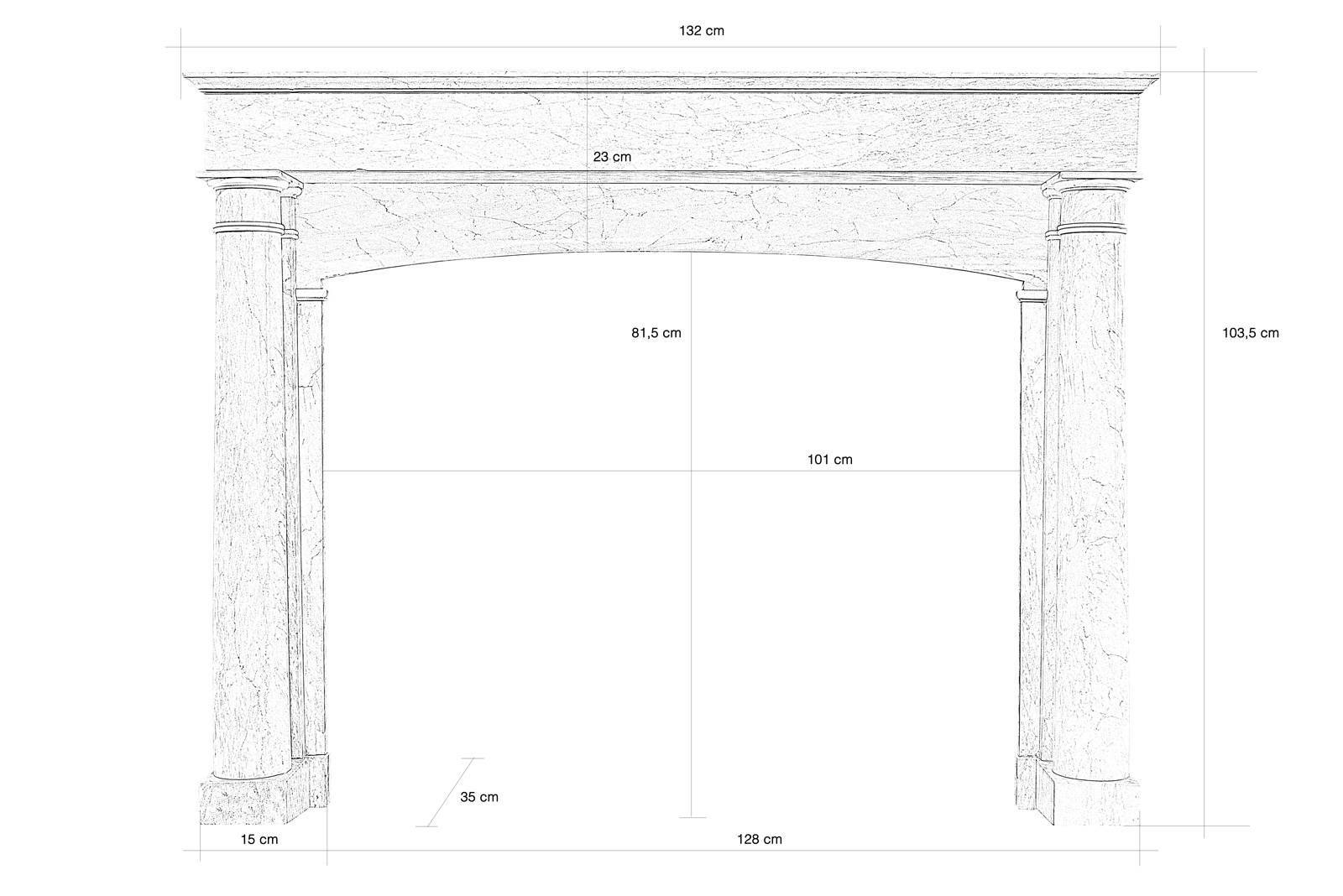 Dated from the 19th century, Empire Turquin blue marble fireplace with two detached columns in front supporting a straight lintel. Delicate incrustations of white marble adorn the columns. Slightly molded tablet. 

Dimensions of the hearth slab: