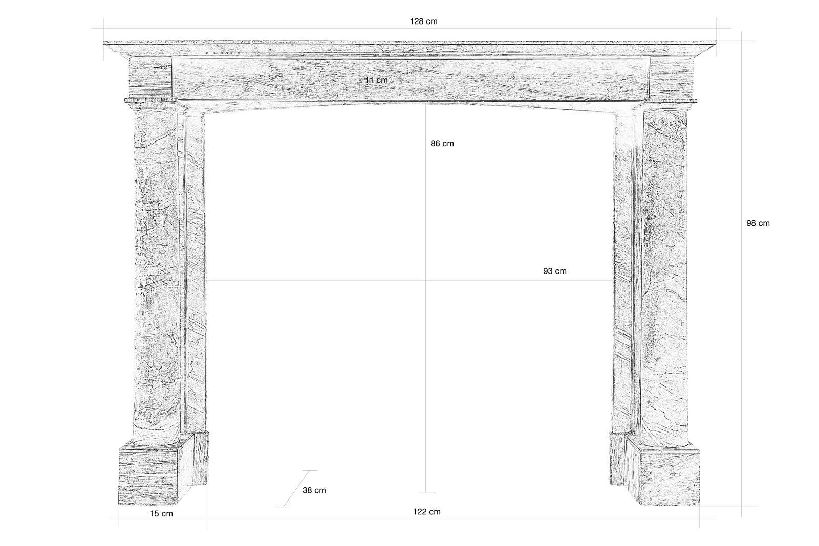 Dated from the 19th century, Empire Capella blue Turquin marble fireplace. Two detached columns on the front support a straight lintel and a slightly molded tablet.