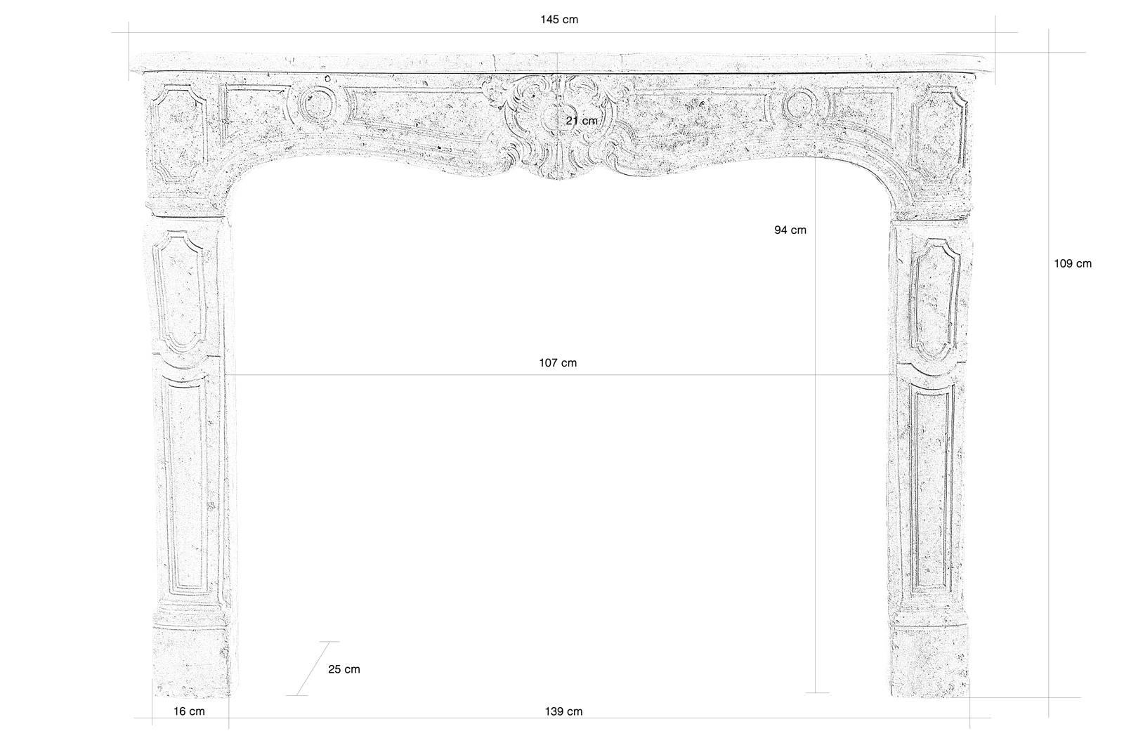 Dated from the 18th century, Louis XV stone fireplace. The slightly eventful lintel presents a median sculpted cartouche flanked by frames and rounds. The line of hearth is worked in curves and against-curves and jambs are in girdles. Restorations.