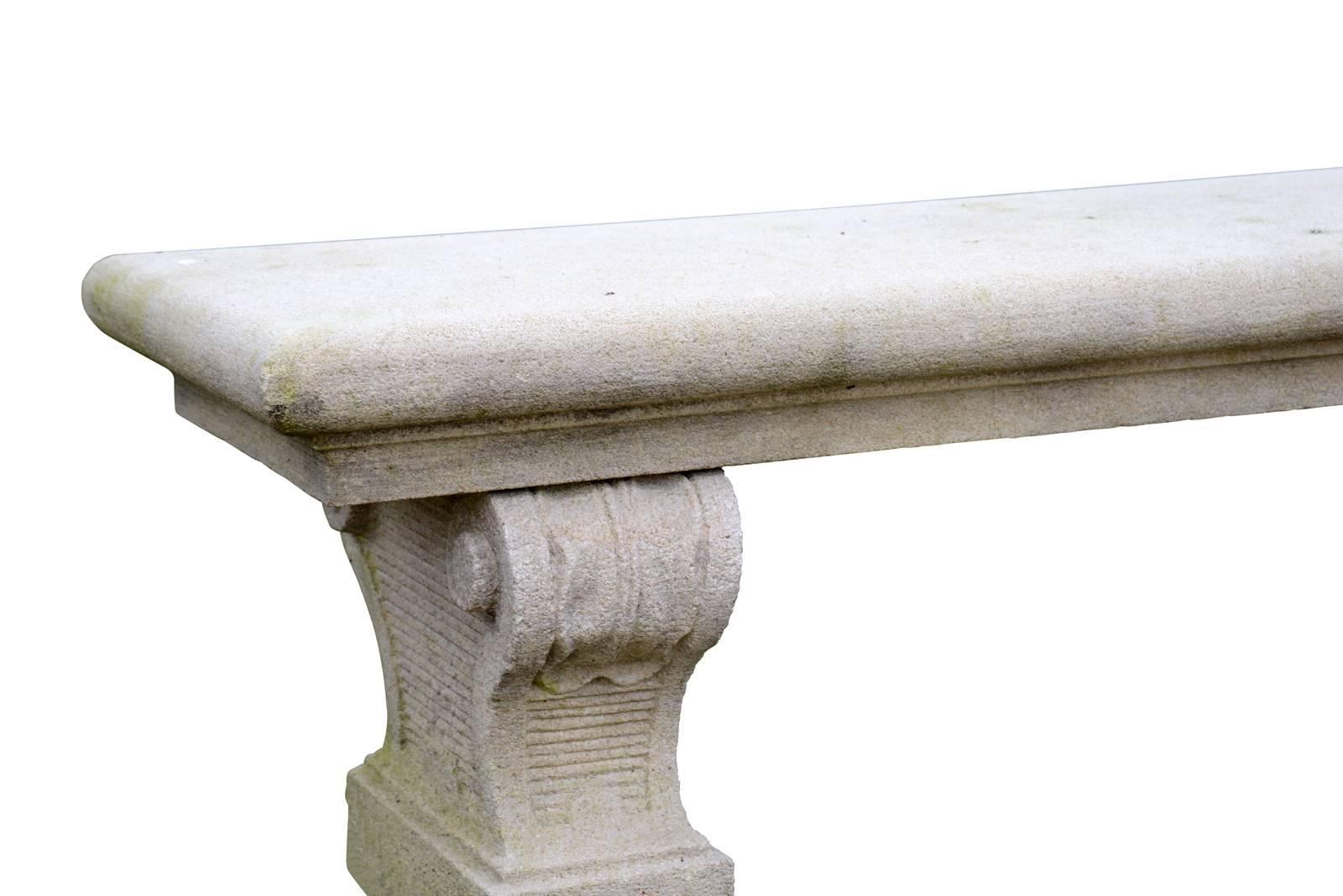 French Louis the 14th stone garden bench with a decoration of acanthus leaves. Modern. Other dimensions are available on request.