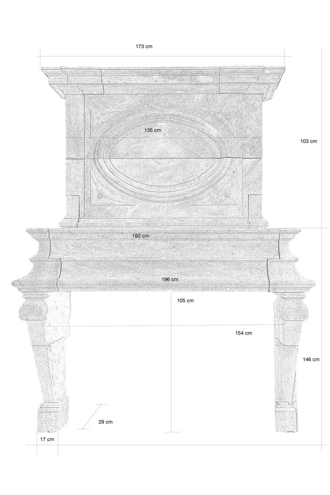 A Louis XIII Jeaumont French limestone fireplace dating from the 17th century. The lintel rests on the legs via console shape corbels.
The cornice presents multiple setbacks. An oval molded medallion is orating the central part of the overmantel