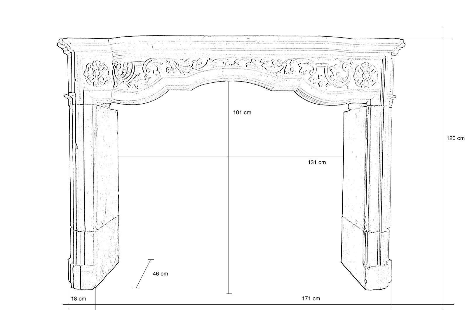 Dated from the 18th century, Regency stone fireplace. The slightly step lintel is adorned with interlacing, foliage and roses. The shaped hearth lines is emphasized by a torus continuing into the jamb. The tablet follows the movement of the lintel.