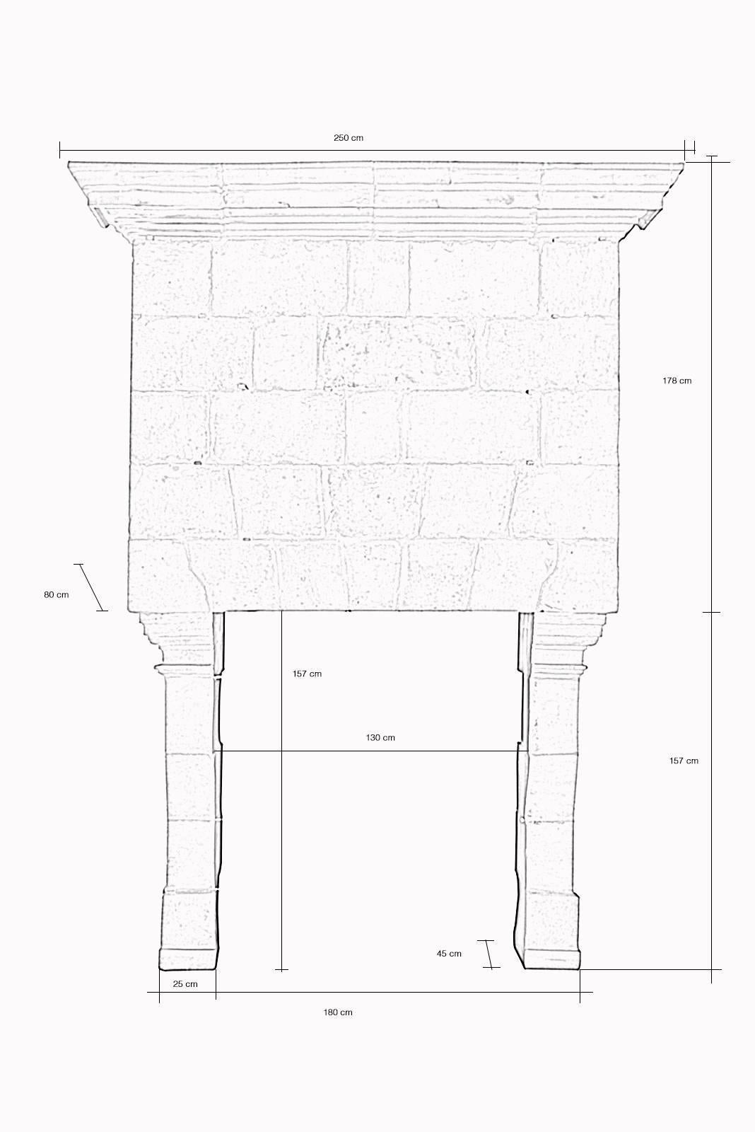 Dated from the early 17th century, a Louis XIII period stone fireplace with overmantel piece. This one rests on slightly curved legs via molded console corbels. It is originating from La Pinotière, an old castle dated from 1619 located on the Duchy