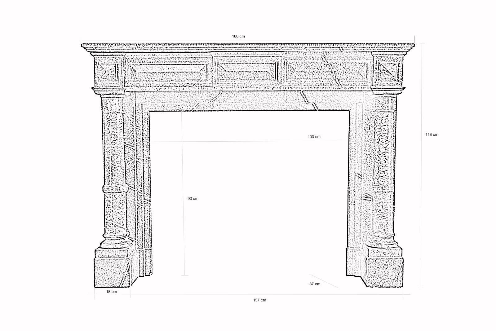 Dated from the 19th century, Napoleon III fireplace in green marble of Ariège. Two columns detached from the frontage support a right lintel decorated with diamond points and flanked by molded frames.
 