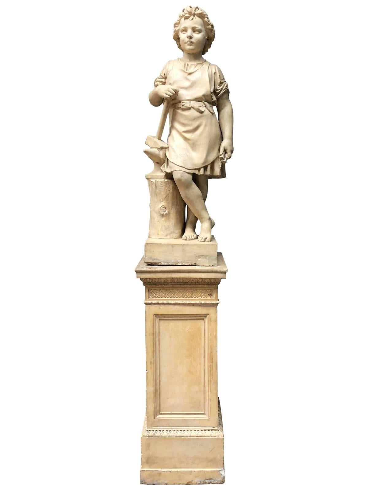 Dated from the 19th century, circa 1820, pair of neoclassical terracotta statue representing Vulcan and Mercury children. Vulcan is the patron god of fire, volcanoes and smiths, which is recognizable by his Hammer, his apron and his anvil; and