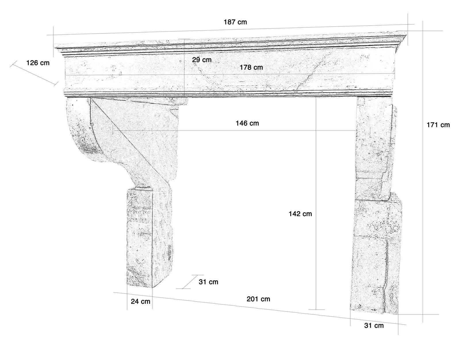 Dated from the 17th century, Louis XIII limestone fireplace. The monolith lintel rests on the legs via console corbels. The cornice presents multiple setbacks.