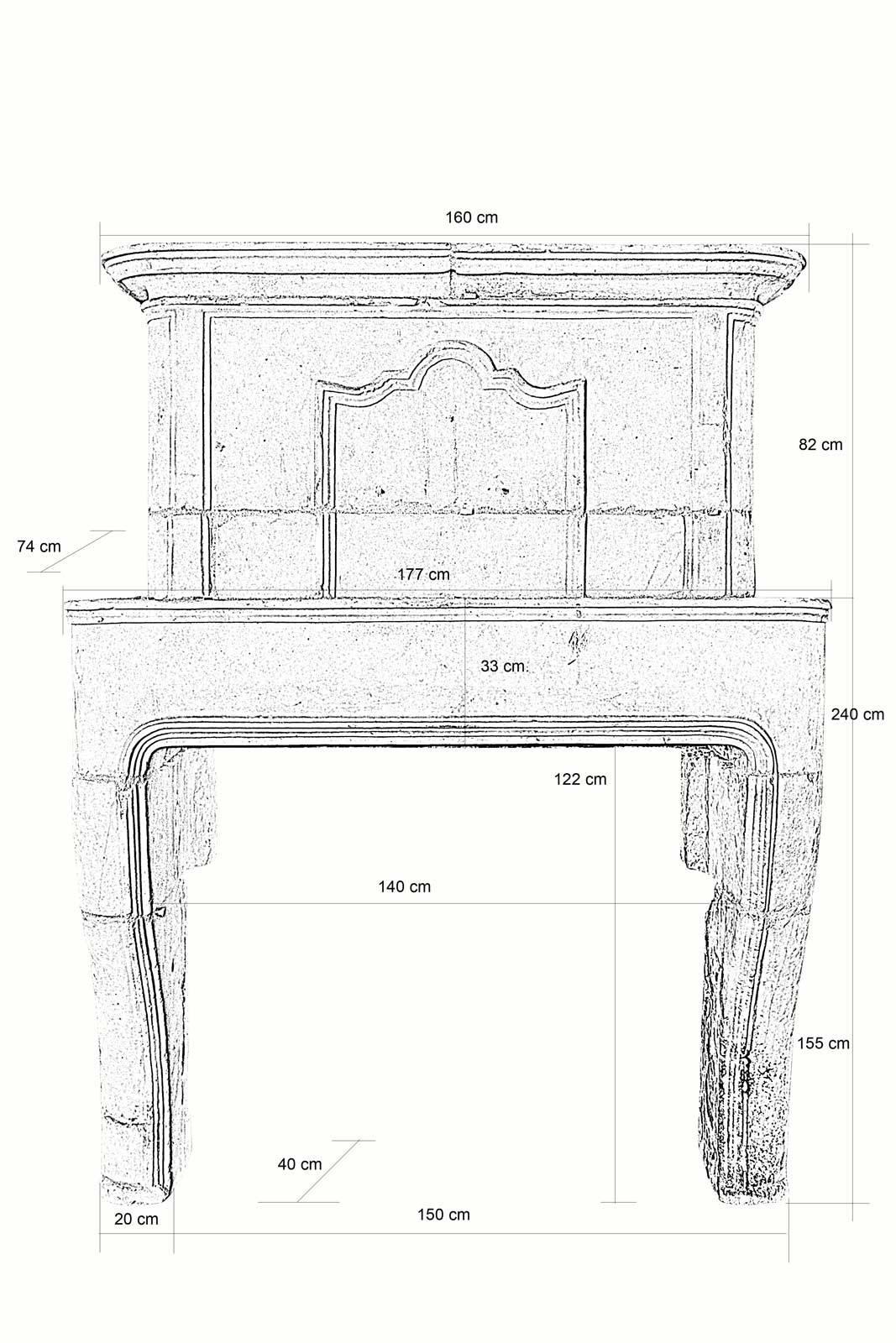 Dating from the early 18th century, Louis XIV stone overmantel fireplace decorated with a molded frame. The monolith lintel rests on a console jamb. The focal line is emphasized by a torus and cornice has slight setback.