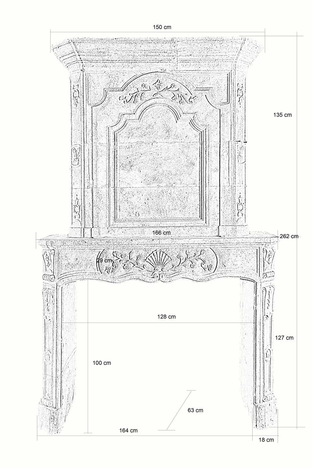 Dating back to the early 18th century, Regency stone fireplace. The overmantel is animated of two molded frames cocked hat profile, vegetal patterns and many setbacks at the cornice. The eventful lintel is carved in the middle part of a fan and