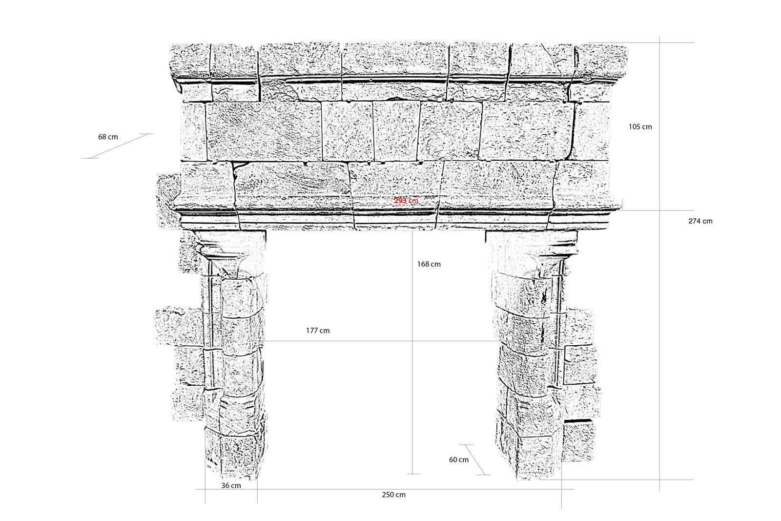 Dating from the 15th century, Gothic limestone fireplace with a lintel lined with lateral gable resting on engaged columns animated of capitals.
