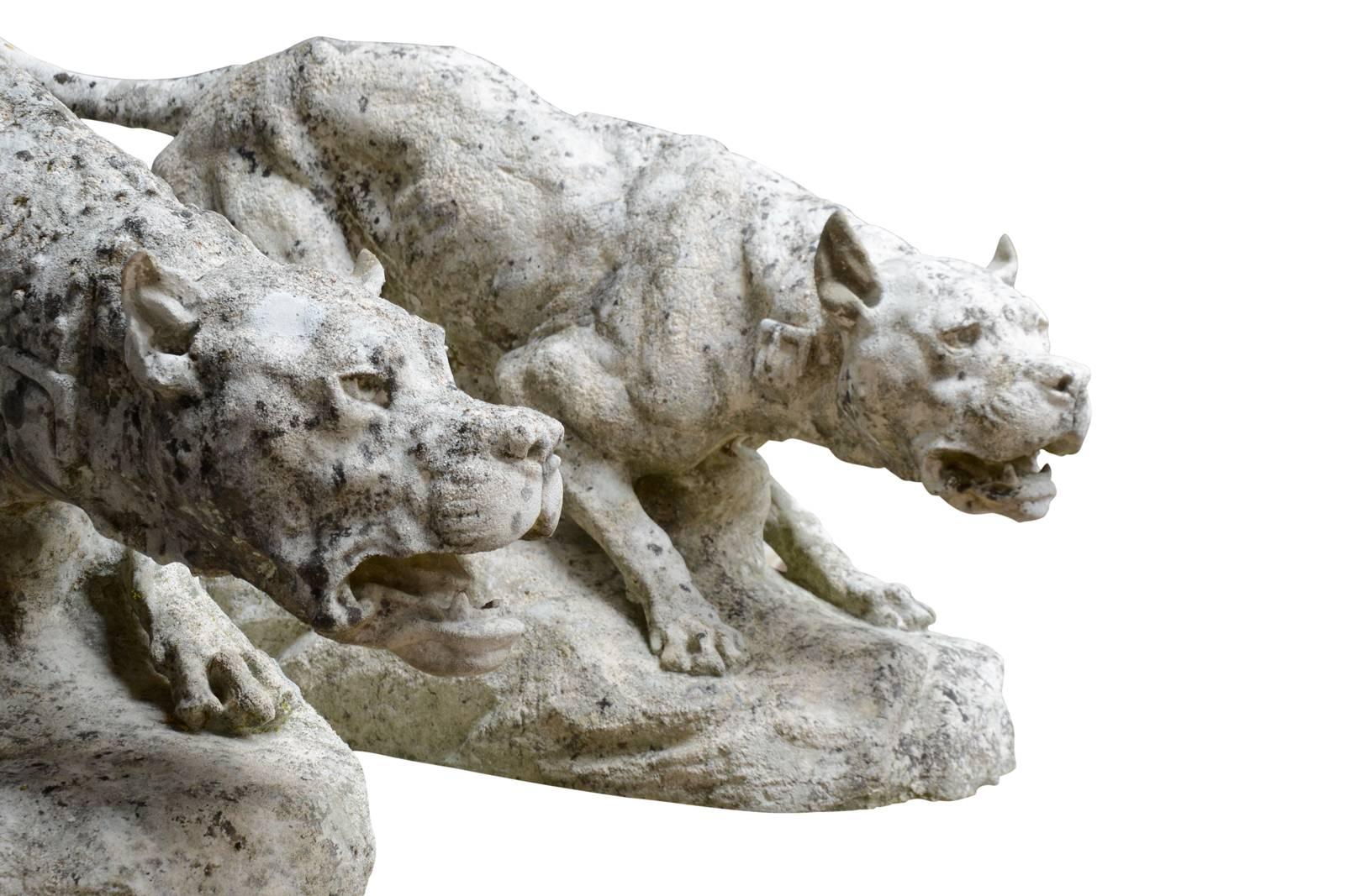 French Imposing Stone Pair of Dogs Carved by Thomas Francois Cartier, circa 1910
