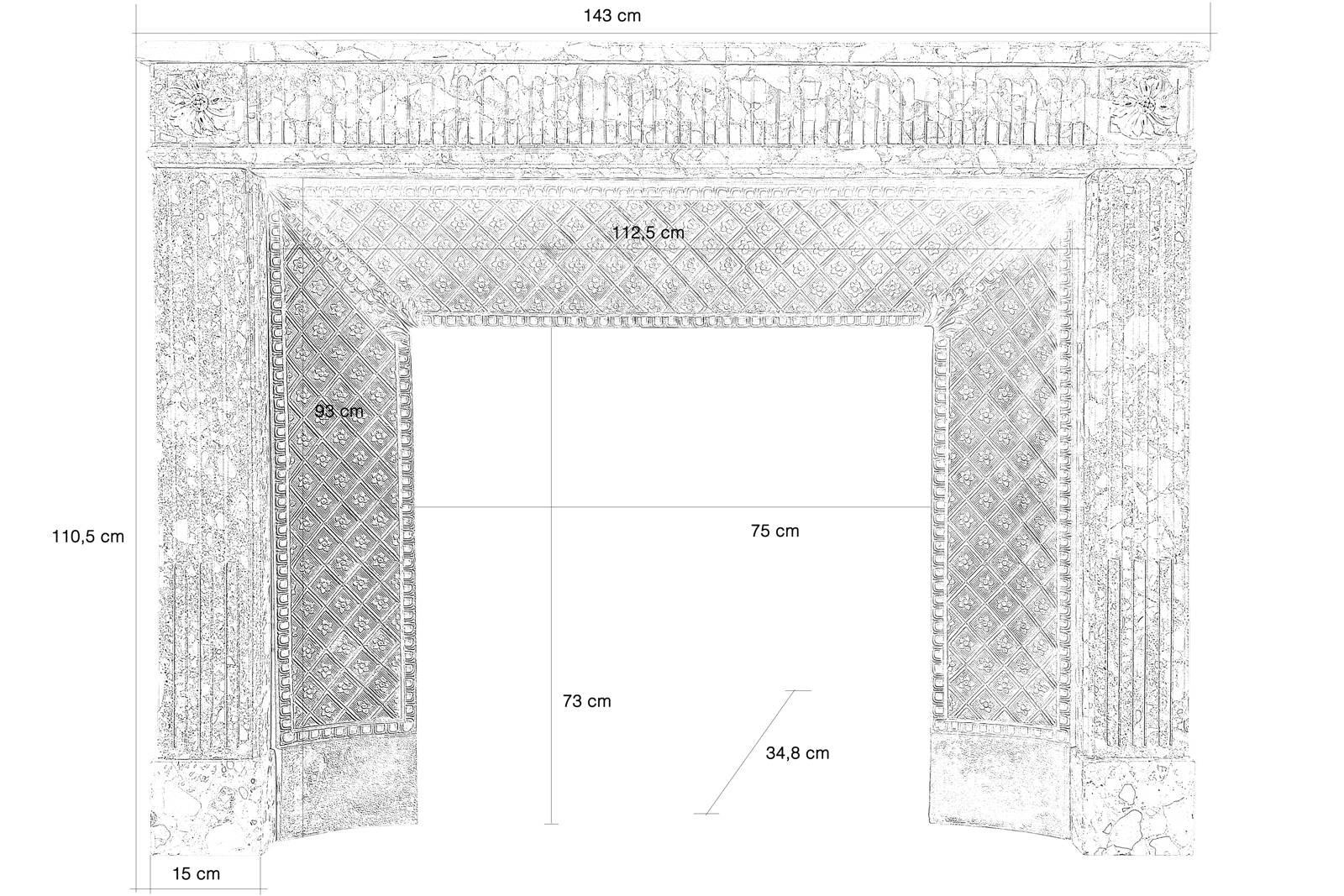 Dated from the 19th century, Louis XVI in breche d'Alep marble fireplace. The lintel is flanked by canals. The jambs are surmounted by a decoration of rosette and the amounts are fluted. Restorations.