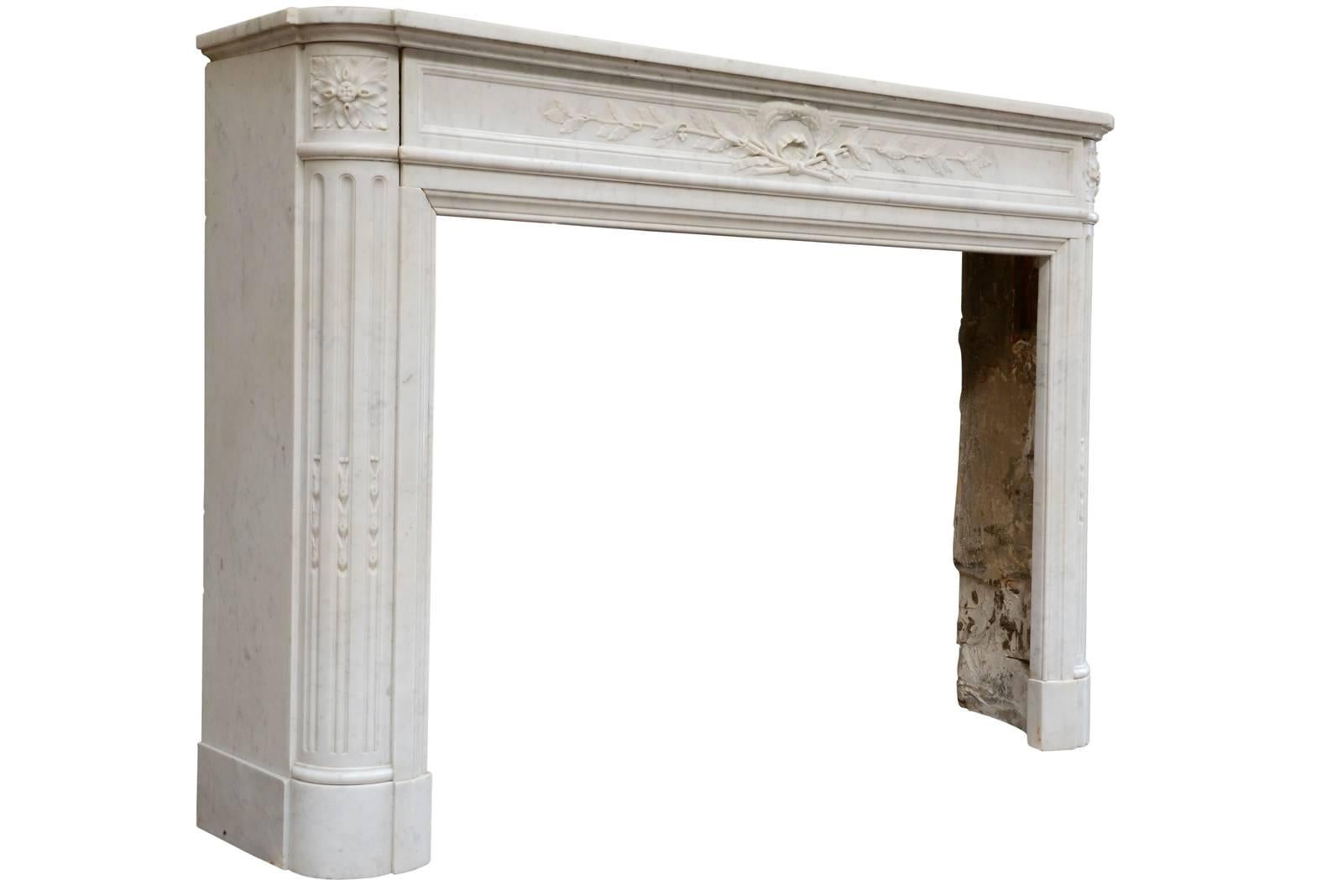 French Louis XVI Style White Semi Statuary Marble Fireplace, 19th Century