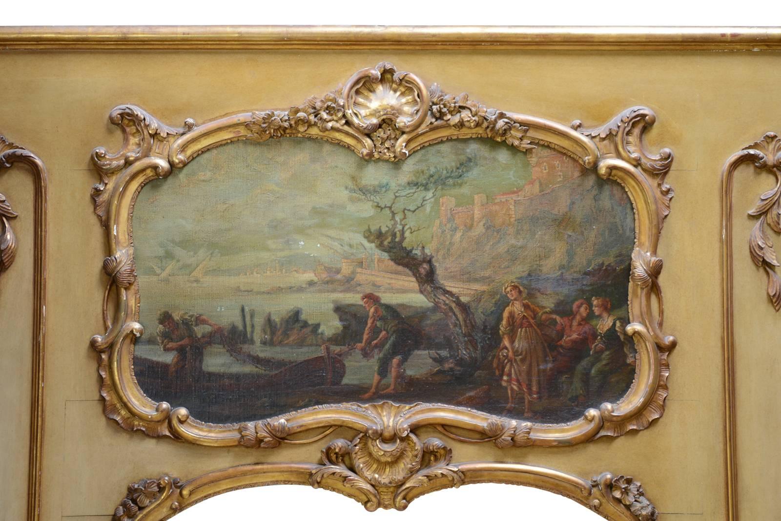 Dated from the beginning of the 20th century, Louis XV style trumeau painted wood and gilded stucco, animated in the upper part of oil on canvas depicting a genre scene.