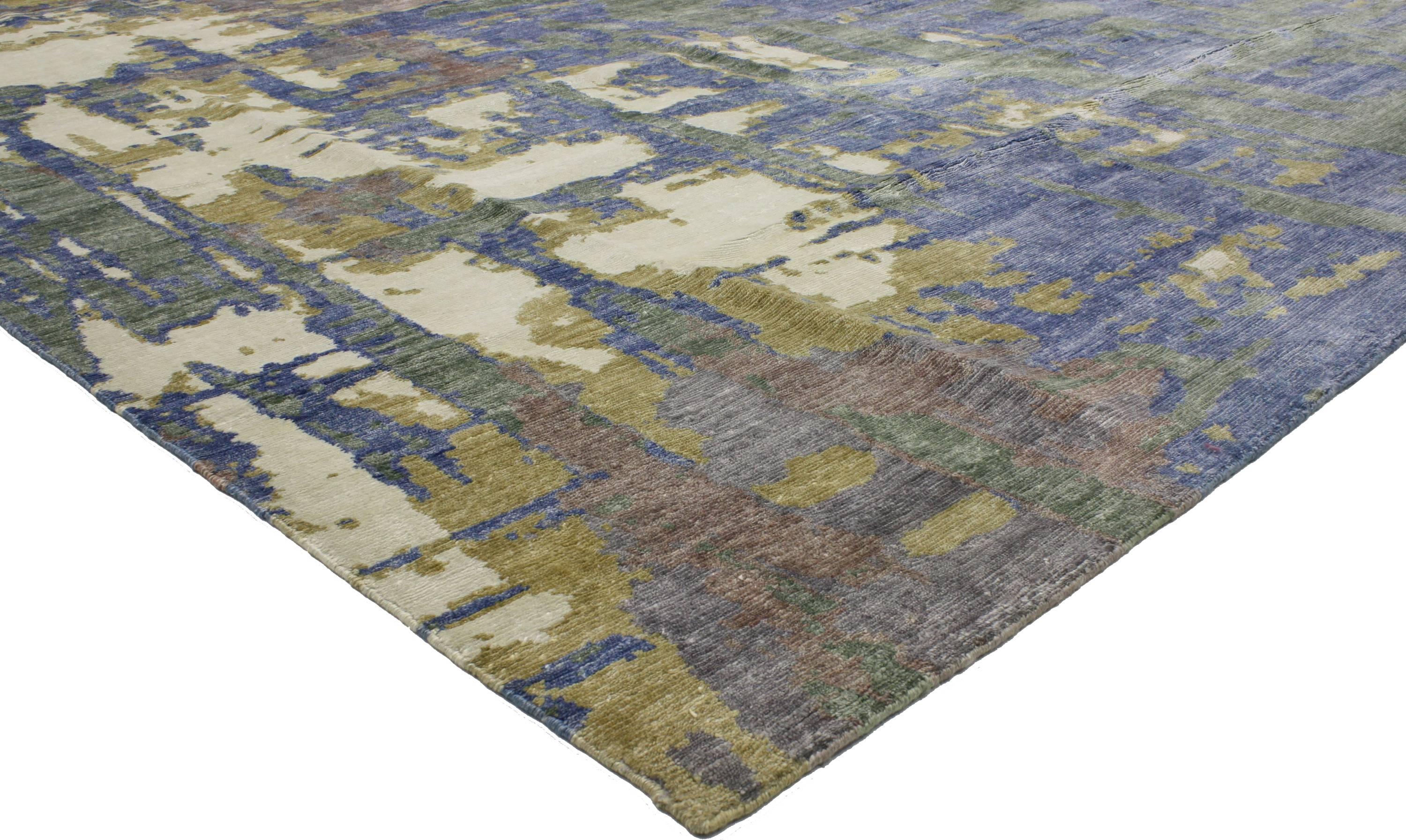 30159 New Contemporary Silk Rug with Abstract Expressionist Grunge Art Style 07'10 X 09'10. This hand knotted silk contemporary abstract rug with abstract expressionist Grunge Art style is the epitome of relaxed luxury. Reflecting elements of rough
