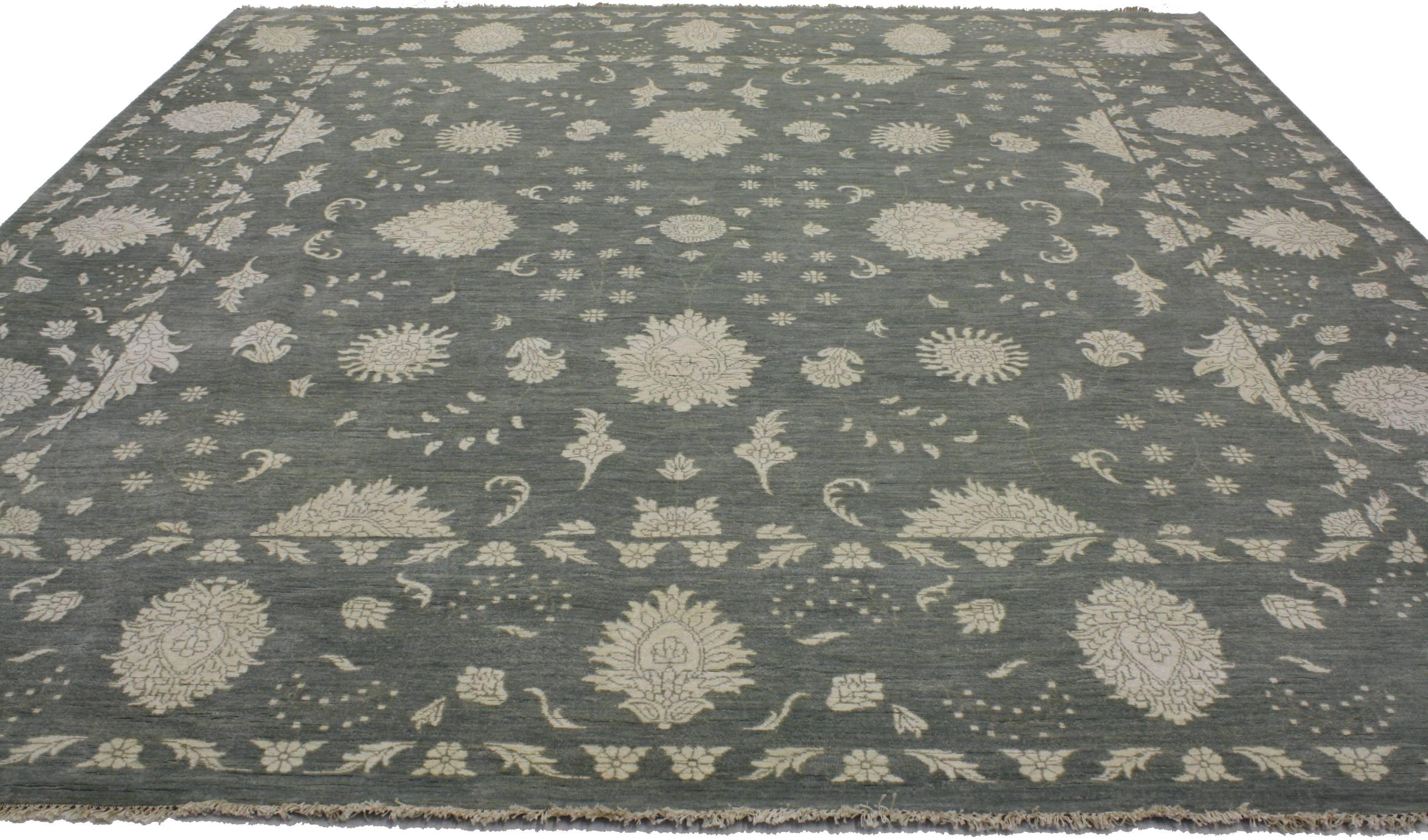 Indian Transitional Dark Gray Oushak Style Rug with Modern Glamour Design