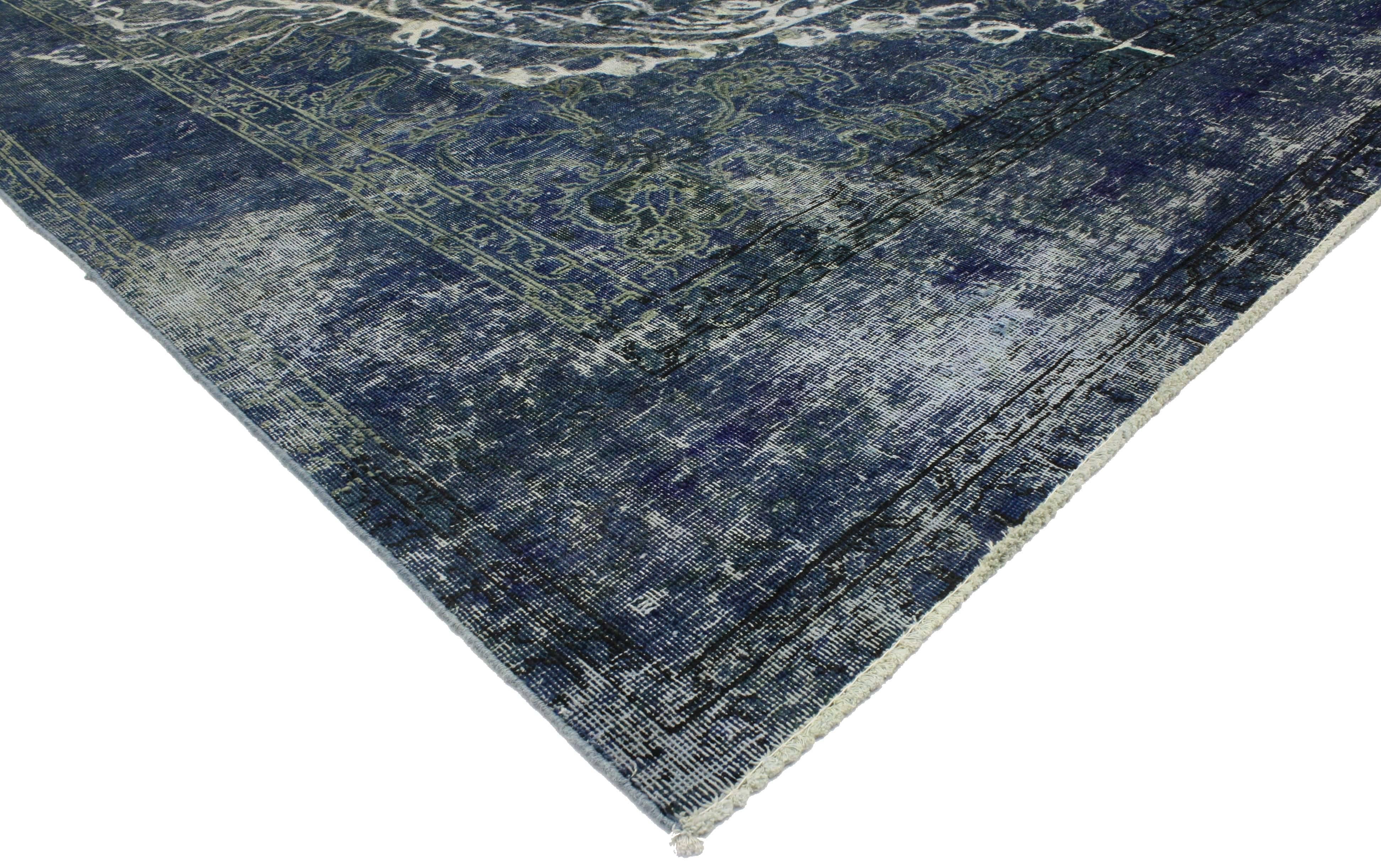 Gothic Vintage Persian Tabriz Rug, Overdyed Blue with Skull and Rose Design