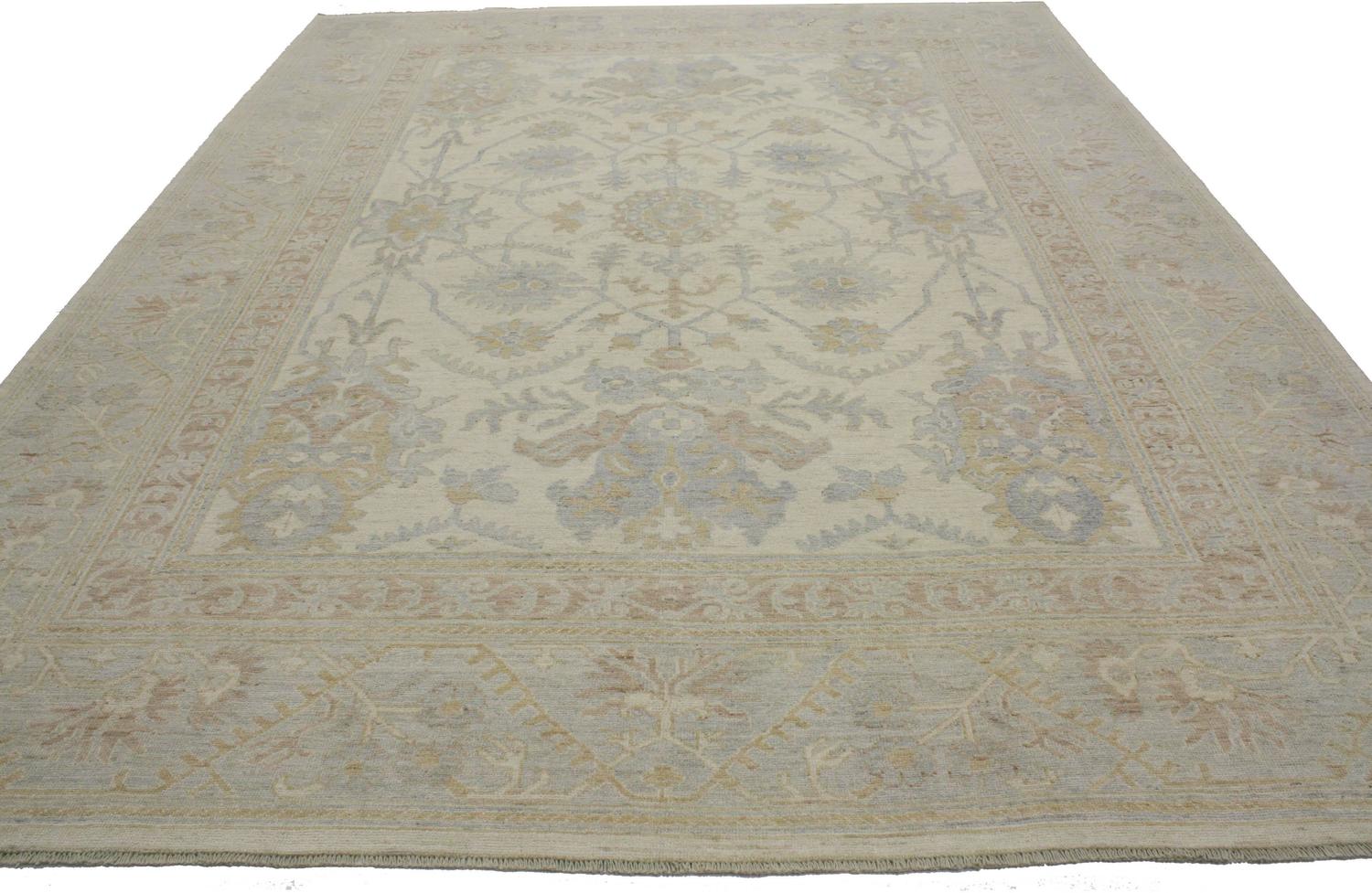Transitional Oushak Style Area Rug in Muted Coastal Colors and Modern