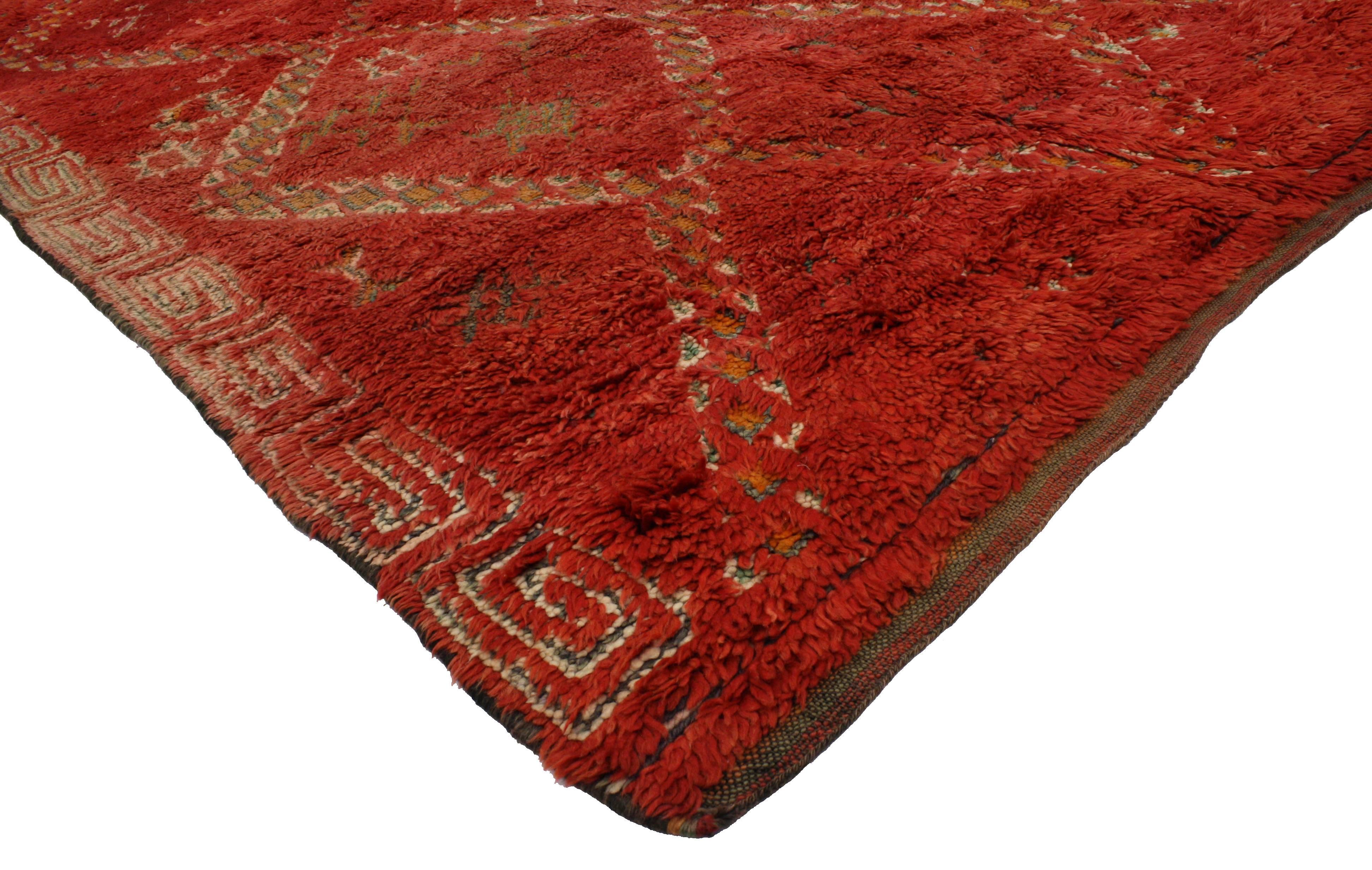 20153 Vintage Red Moroccan Zayane Rug, Berber Moroccan Beni M'Guild Carpet. With its bold red color and tribal style, this hand-knotted wool vintage Moroccan Zayane Beni M'Guild rug is heavily ornamented by diamonds, which symbolize the power of