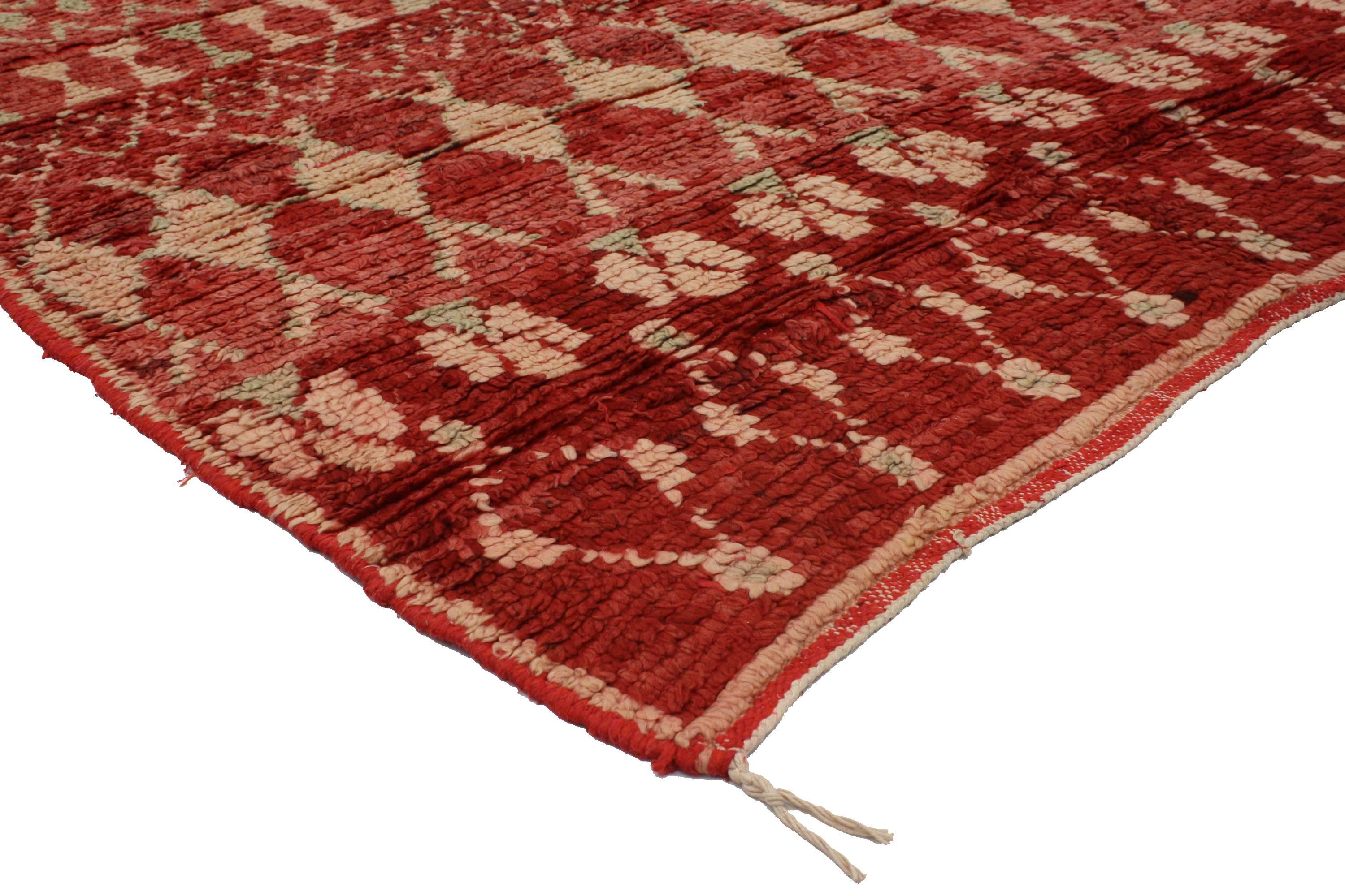 Hand-Knotted Mid-Century Modern Style Berber Moroccan Red Rug with Diamonds