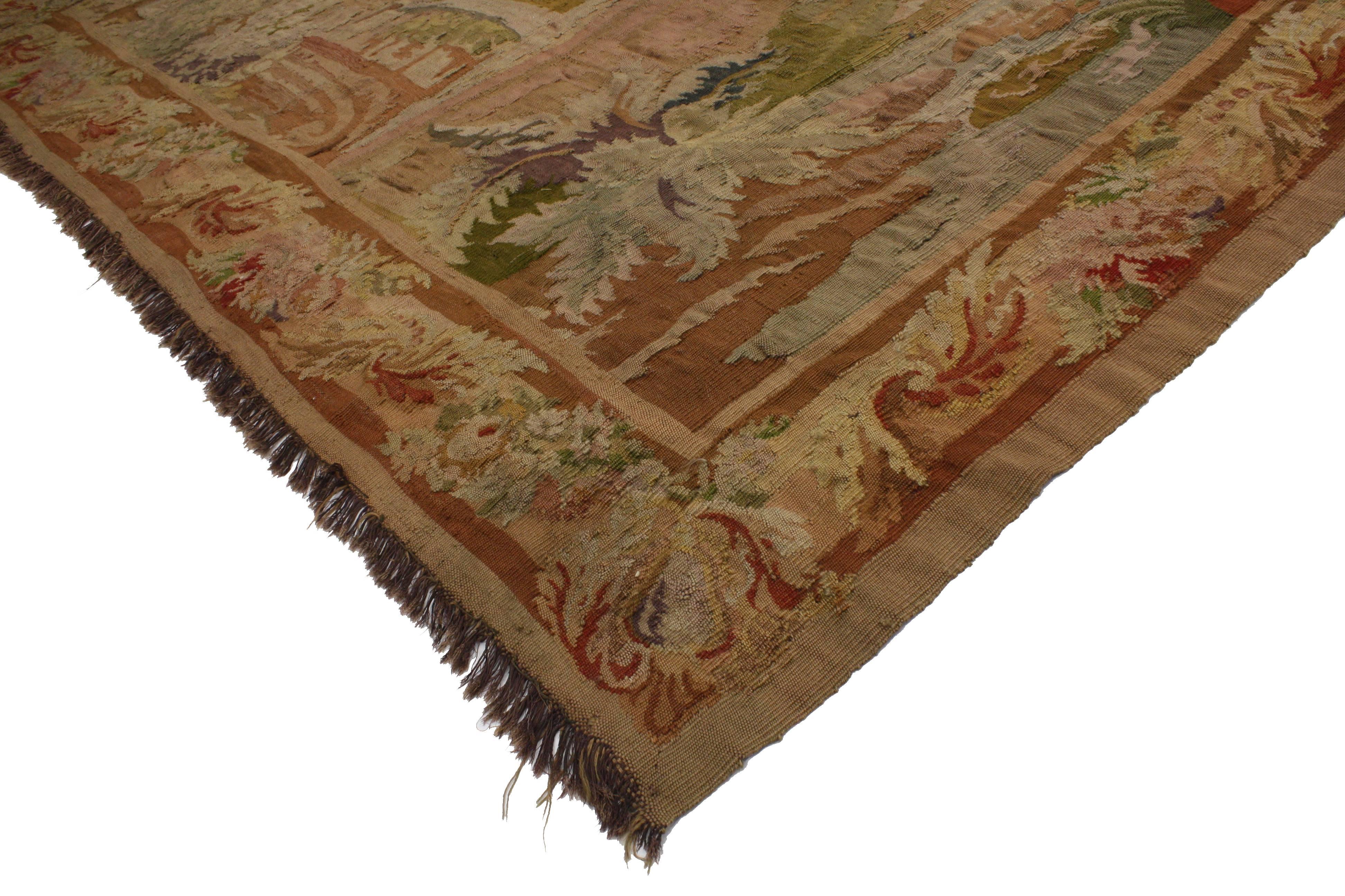 The subject of this tapestry should be the serenity and simplicity of country life. In this traditional French landscape setting, we see two lovers enjoying a picnic in the middle of a lovely countryside setting. On a small landing near the water’s