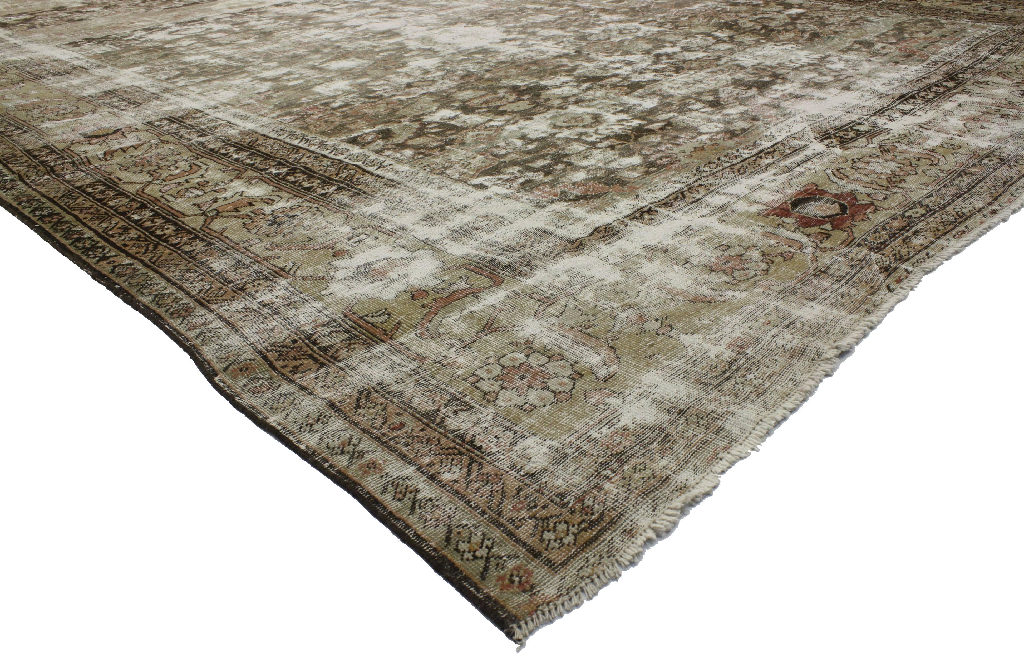 73021 Late 19th Century Distressed Antique Persian Sultanabad Rug with Modern Rustic English Style 11'00 x 15’00. With its historical richness and artful craftsmanship combined with cozy casual living and earth-tone colors, this hand-knotted wool