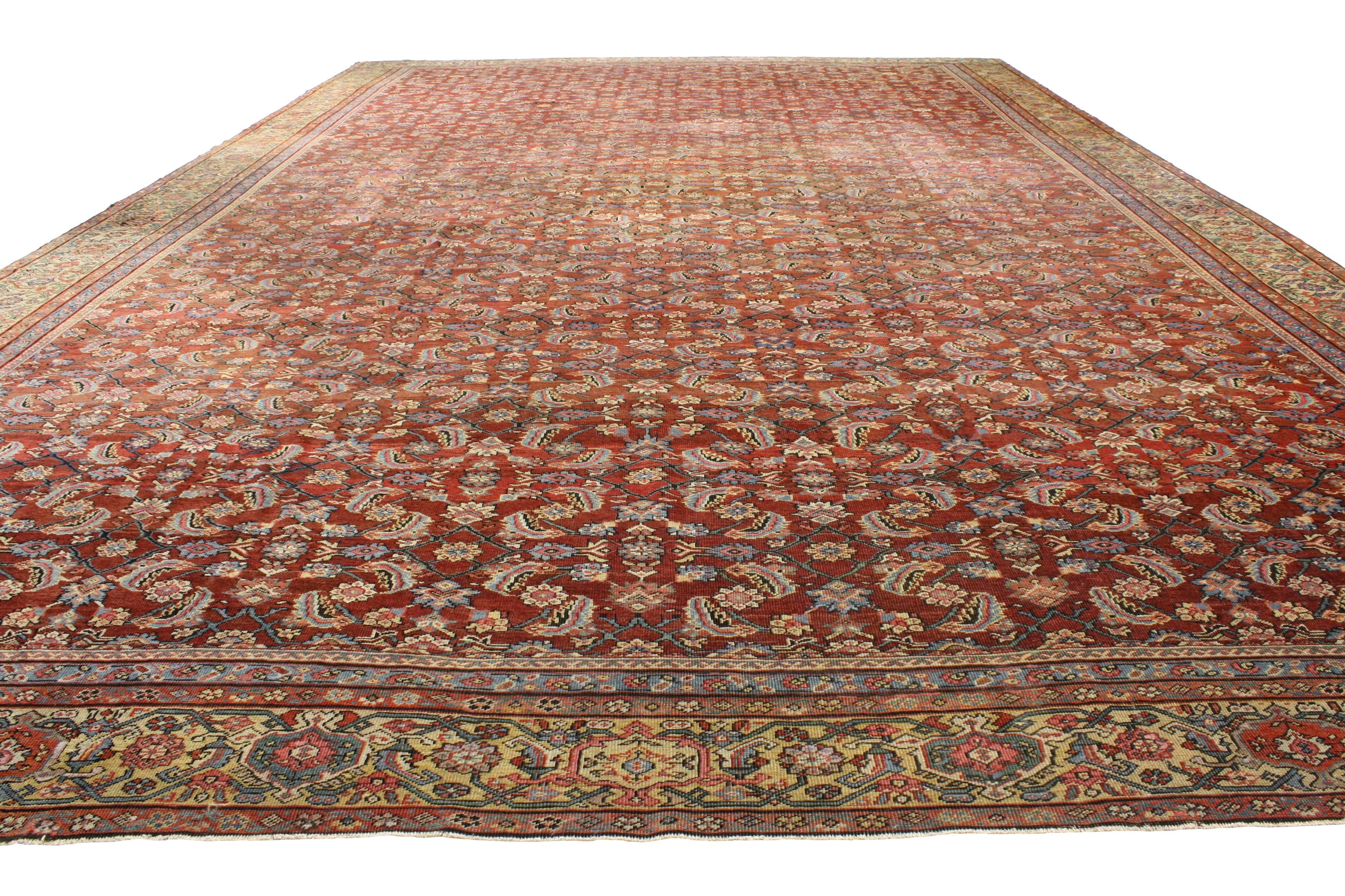 76763 Antique Persian Farahan Mansion Rug with Jacobean Style, Palace Size Persian Rug 16'00 x 25'04. Sophisticated and full of character, this late 19th century antique Persian Farahan rug combines traditional character with modern style. With its