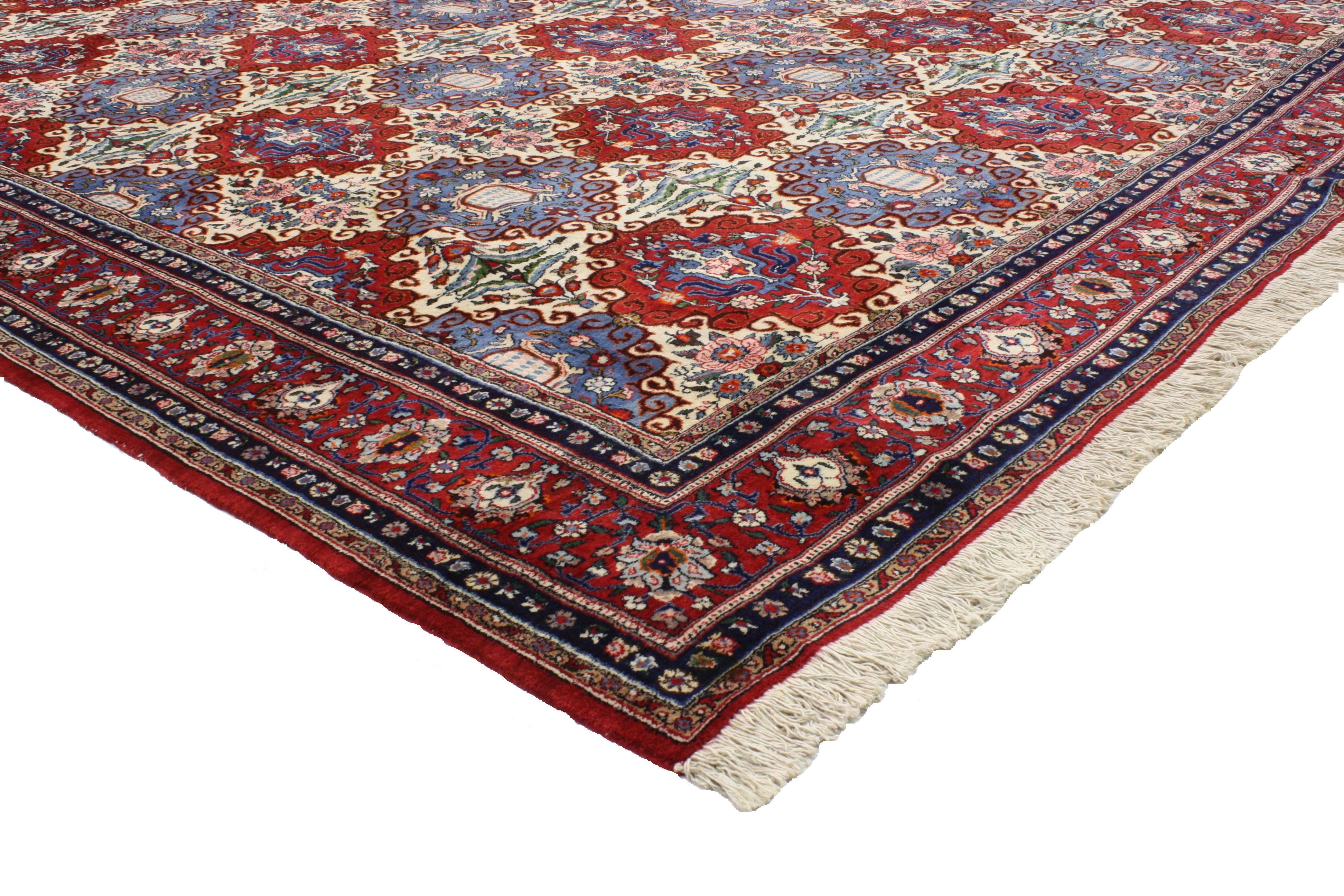  76779 Vintage Persian Moud Mood Rug with New England Cape Cod Style 09'06 x 12'07. With its timeless elegance and defining colors, evoke the charming New England Cape Cod style with this this hand-knotted wool vintage Persian Moud Mood rug. The