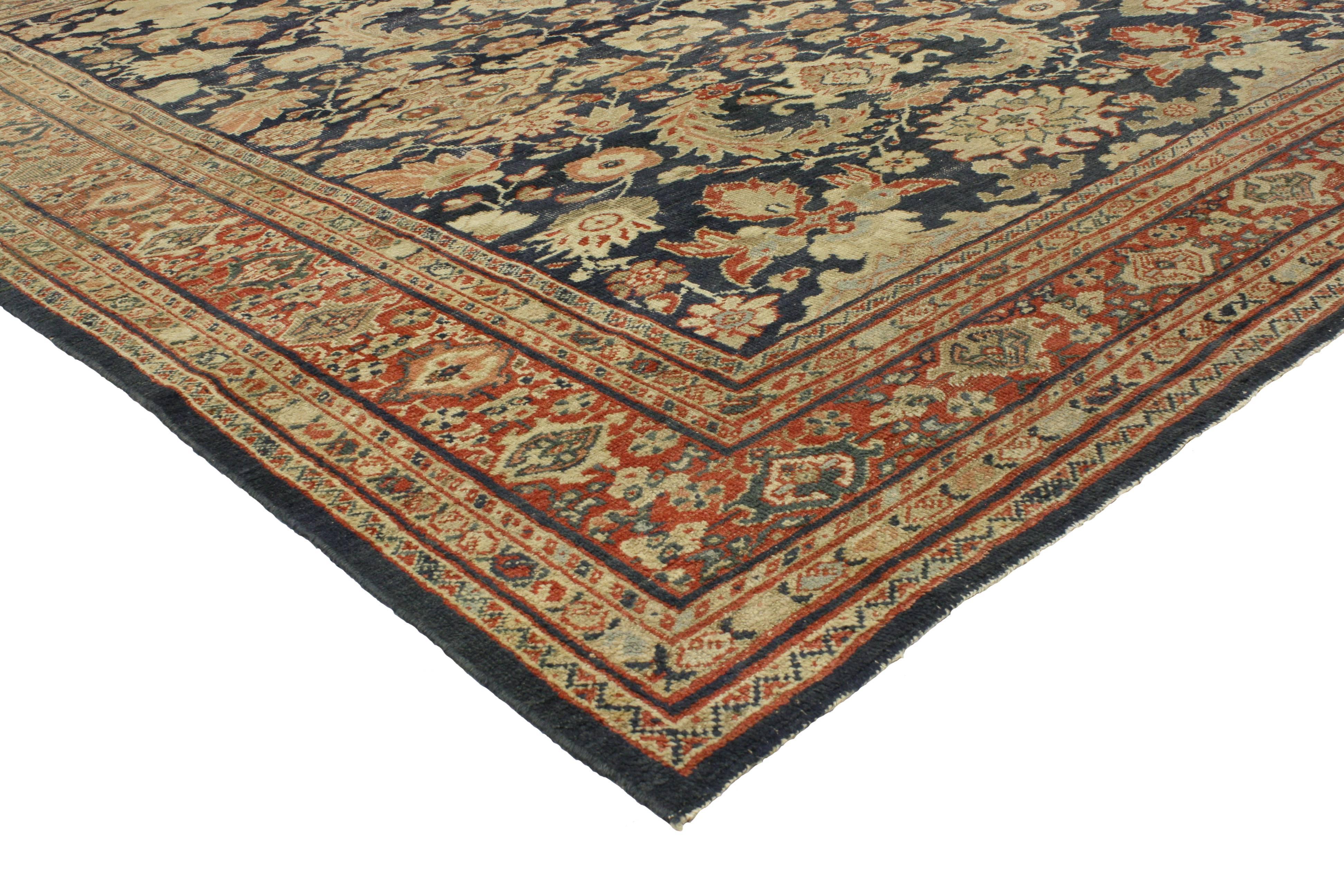 ​76791 Distressed Antique Persian Sultanabad Rug with Modern Traditional Artisan Style 08'02 x 09'11. This hand-knotted wool antique Persian Sultanabad rug features a Curled Sickle Leaf design. The lively all-over pattern is composed of blooming