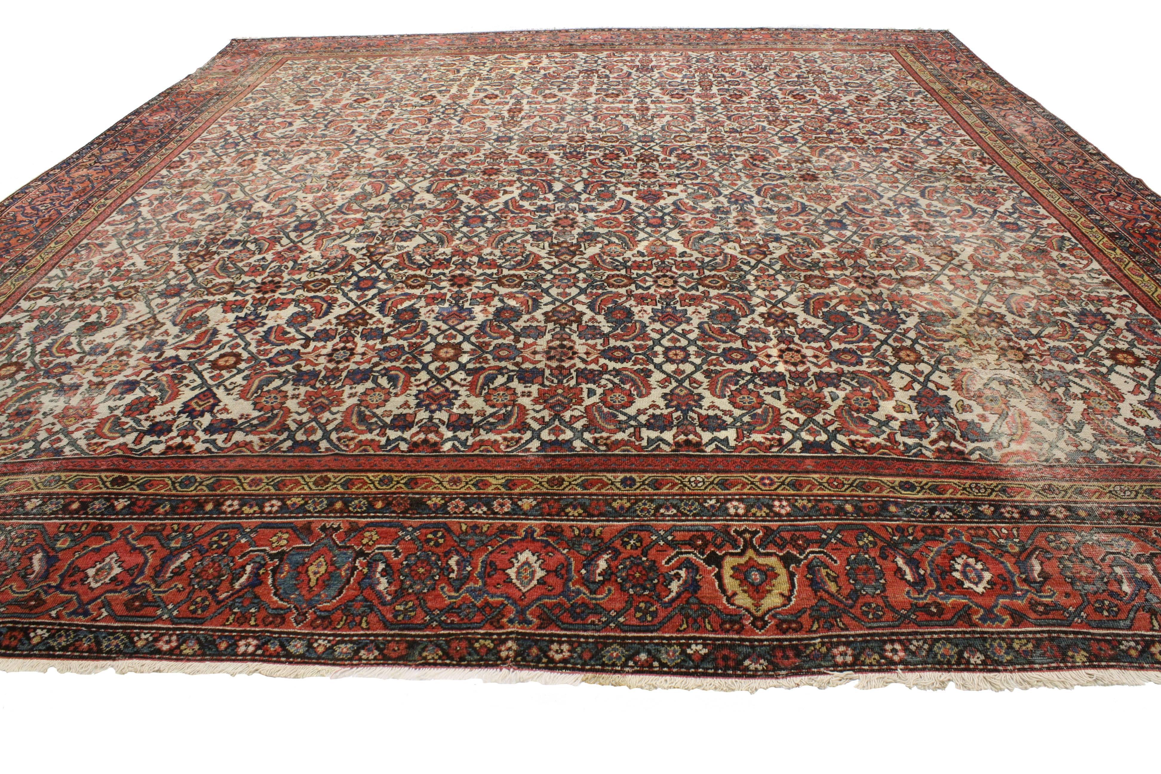 Hand-Knotted Late 19th Century Distressed Antique Persian Mahal Rug with Rustic English Style For Sale