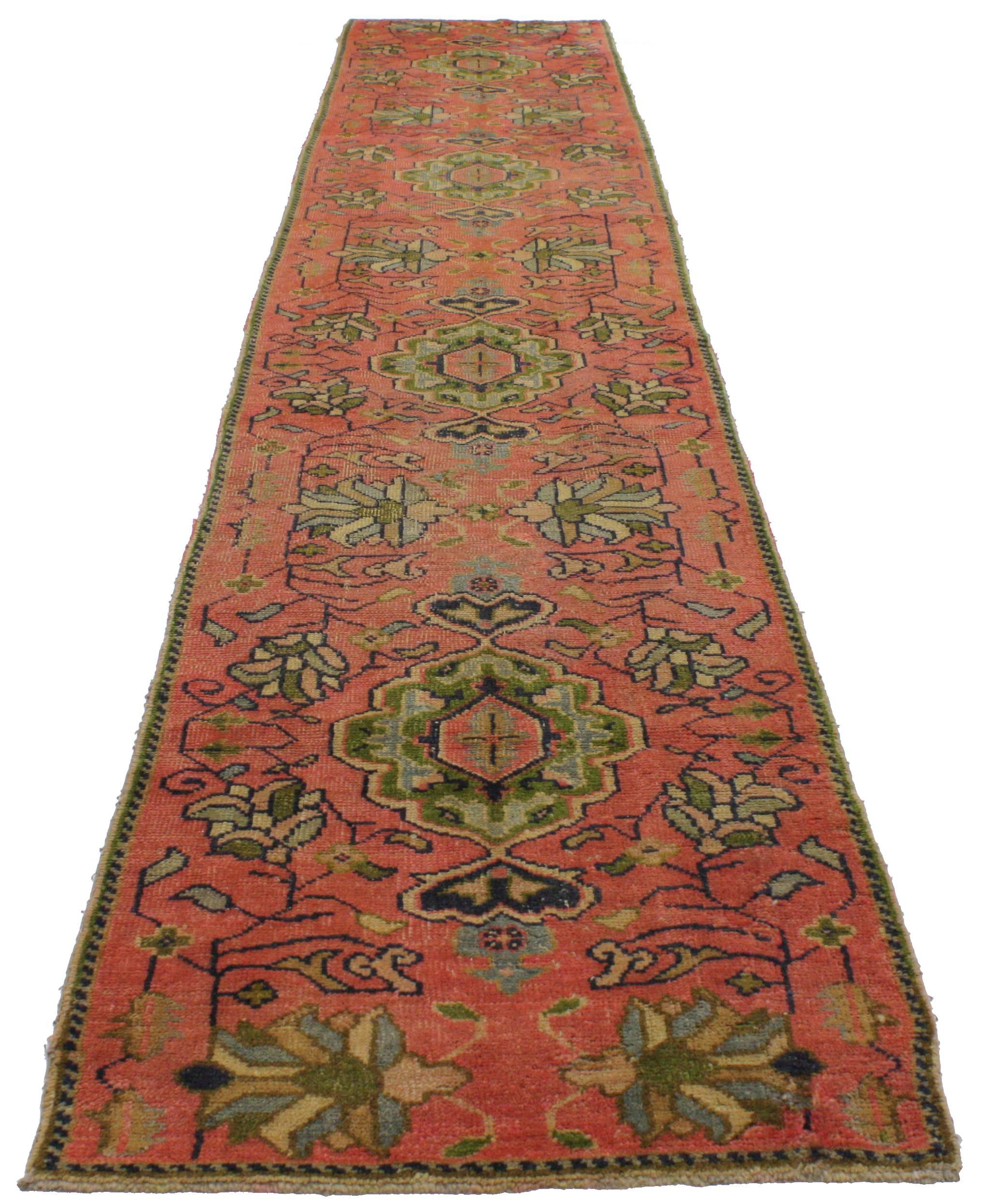 51563 Vintage Turkish Oushak Runner with Arts & Crafts Style, Narrow Hallway Runner. Showcasing a Classic Oushak design and time-softened color palette, this vintage Turkish Oushak carpet runner keeps the eyes entertained, but it is still tastefully