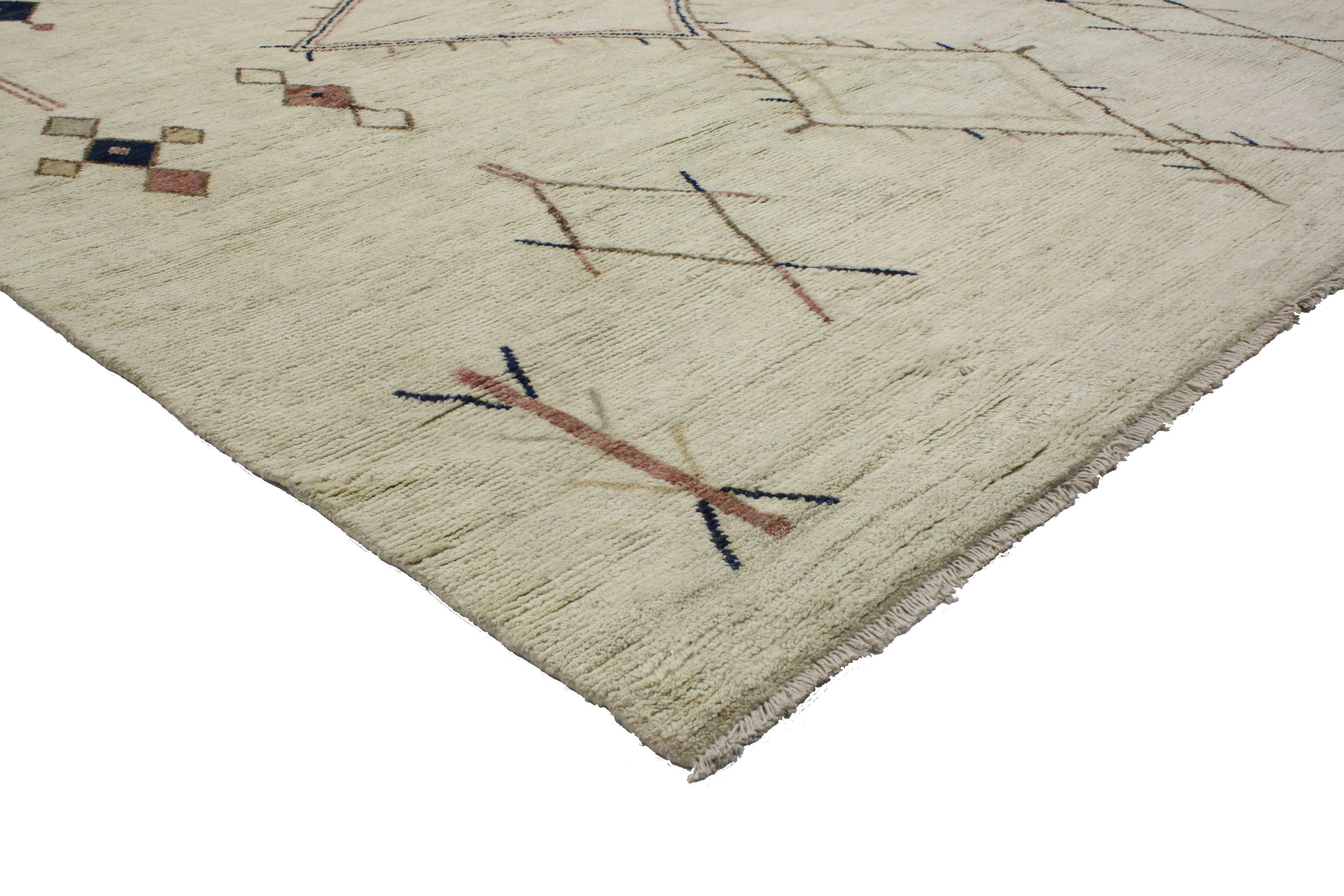 This Moroccan area rug harmonizes disparate elements, brings soothing serenity while adding texture and depth to your space. This is a fantastic example of a contemporary Moroccan style rug, woven with a clean and simple, yet sophisticated