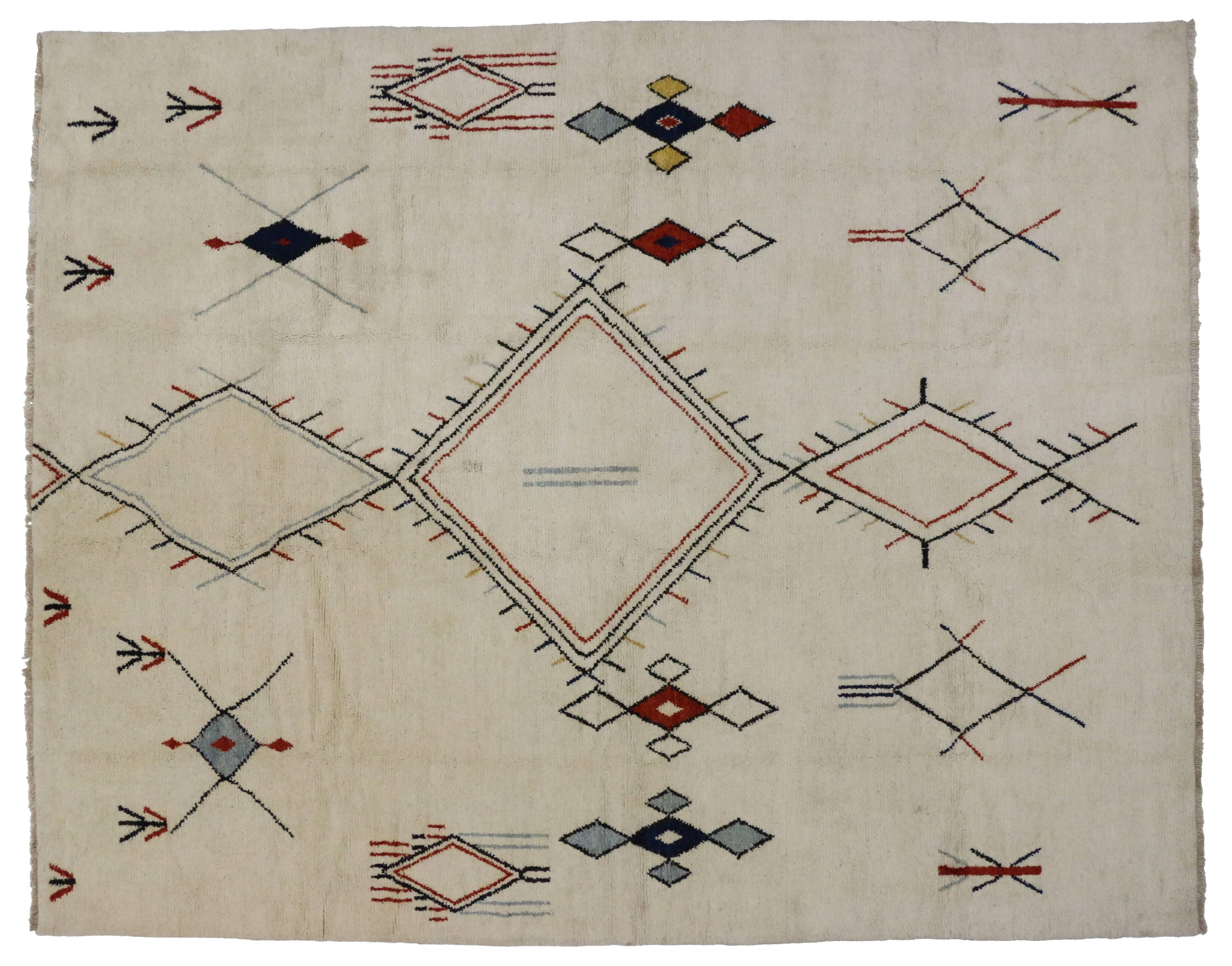 Hand-Knotted Contemporary Moroccan Style Area Rug with Nomadic Tribal Design and Hygge Vibes
