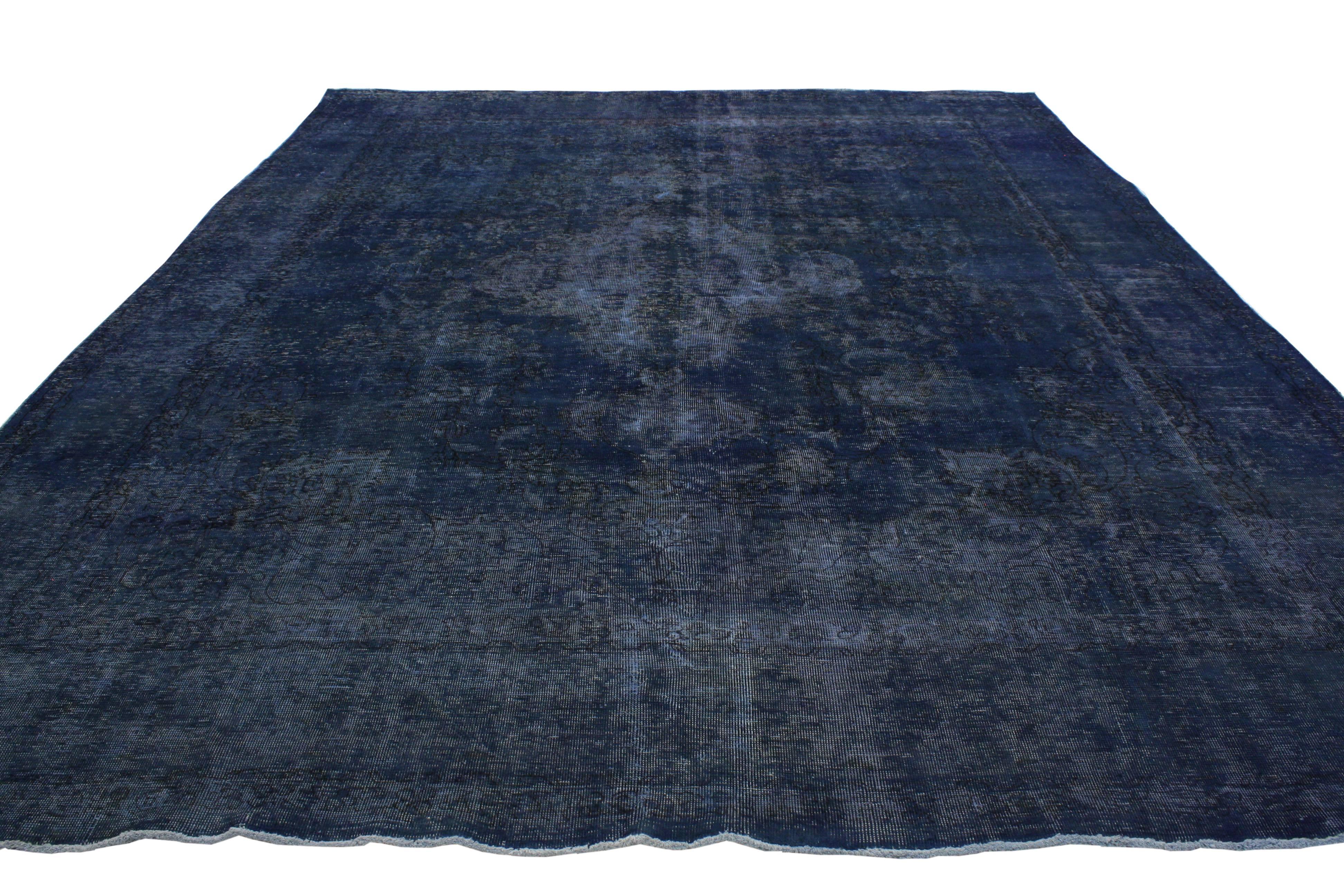 Hand-Knotted Vintage Persian Tabriz Rug Overdyed in Blue with Modern Industrial Style