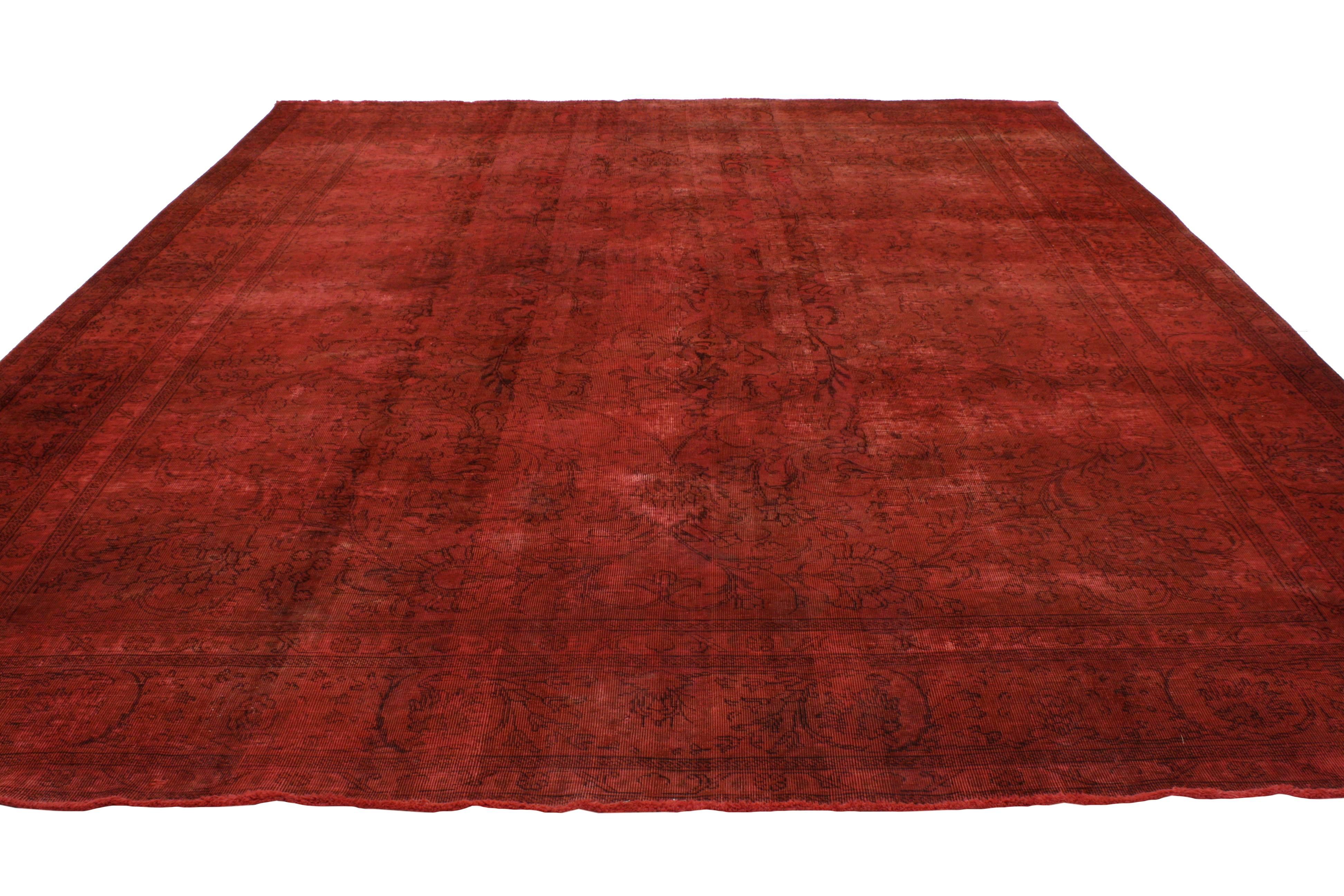 Distressed Overdyed Red Persian Area Rug with Luxe Industrial Style 3