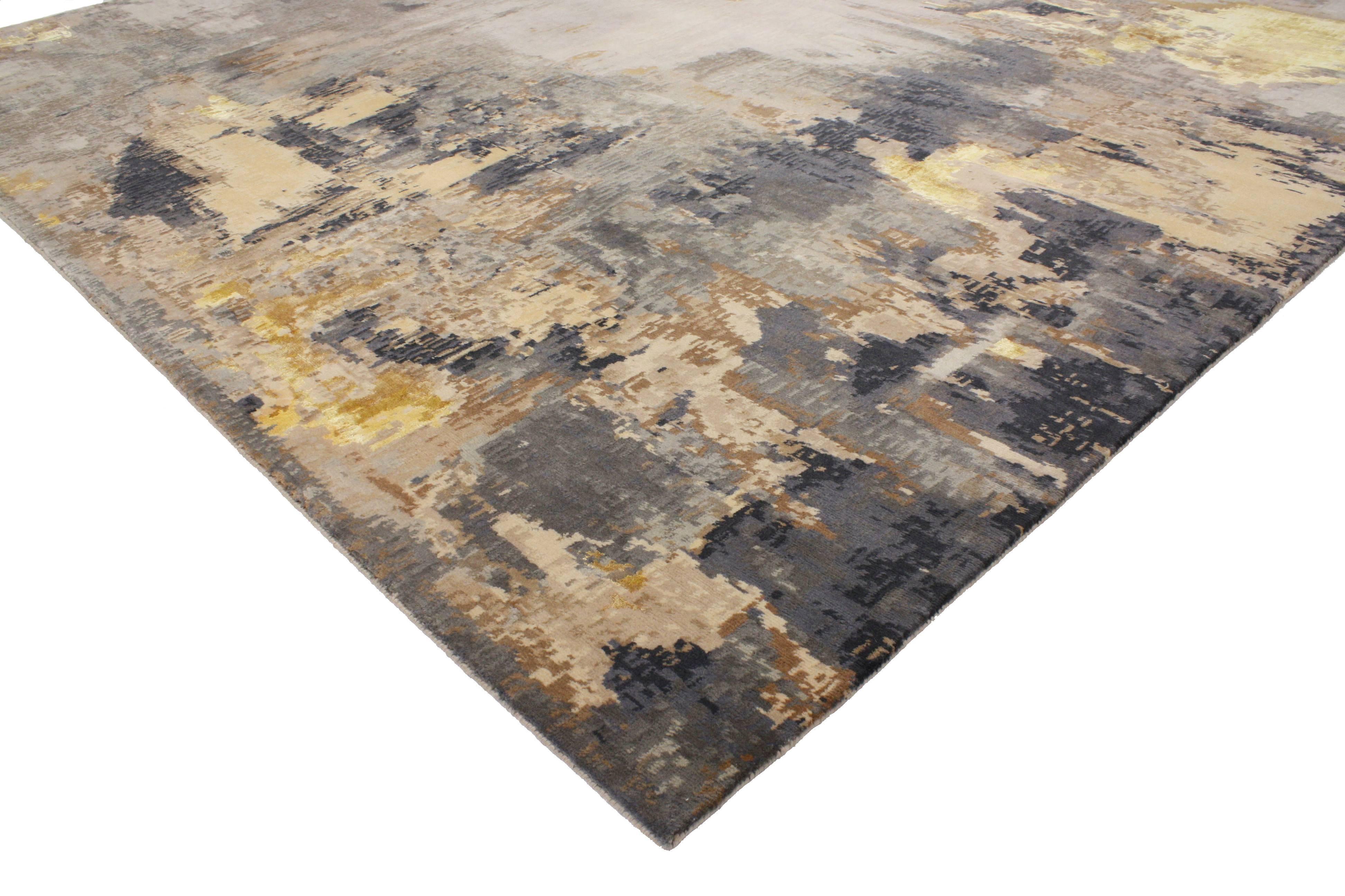 30311 New Contemporary Area Rug with Abstract Expressionist Grunge Art Style. This hand knotted wool and silk contemporary area rug showcases an abstract expressionist work of art with bold color contrasts with plenty of neutral and grayscale