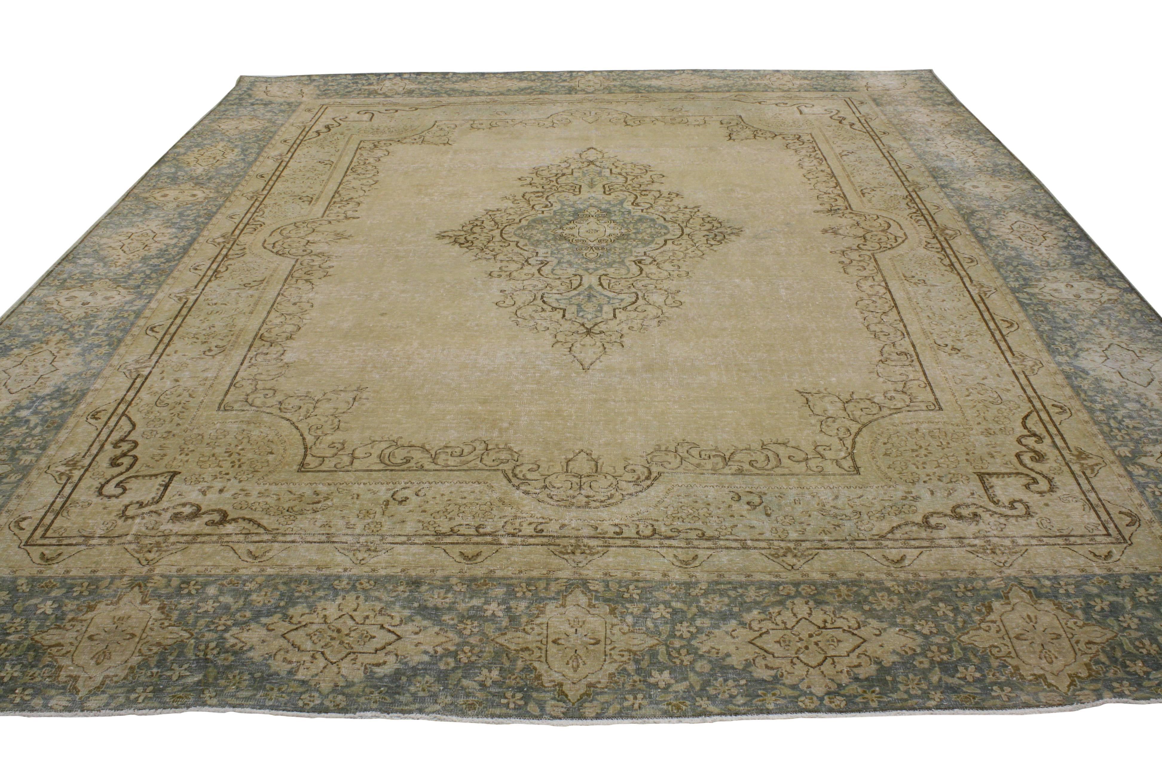 Hand-Knotted Vintage Persian Kerman Rug with Neutral Colors and Modern Industrial Style