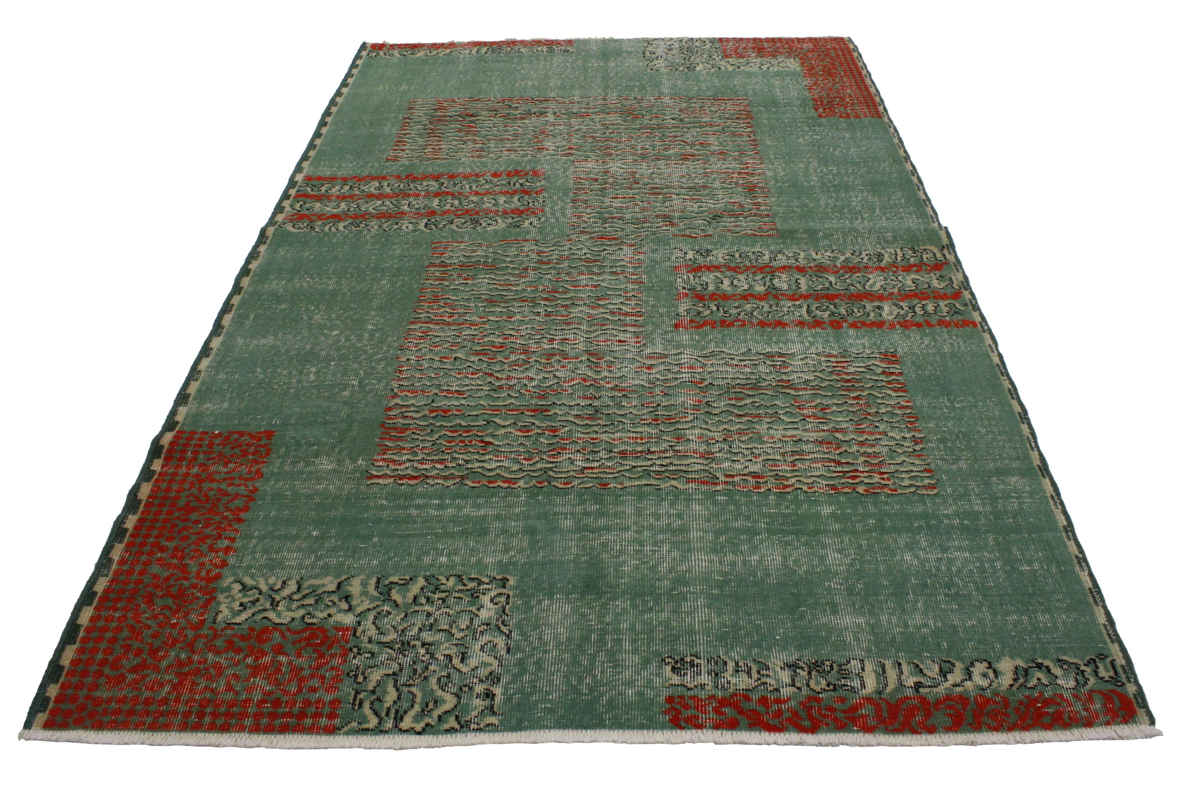 51653 Distressed Vintage Turkish Sivas Rug with Postmodern Industrial Bauhaus Style. In the style of the Turkish megastar, Zeki Muren, this distressed vintage Turkish Sivas rug with modern Industrial Art Deco style highlights a cool retro palette